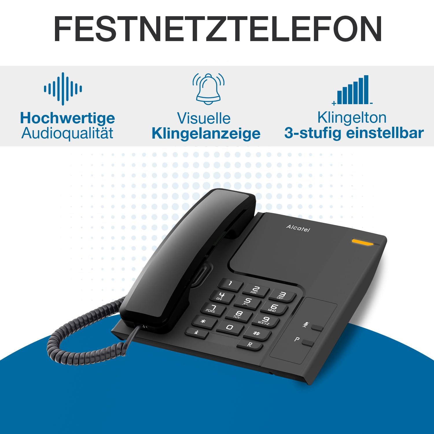 ALCATEL T26 - Schnurgebundenes Festnetztelefon - Visuelle Anrufanzeige - Wahlwiederholungstaste - Stummtaste - 3-stufige Lautstärkeregelung - Wandmontage möglich - Schwarz
