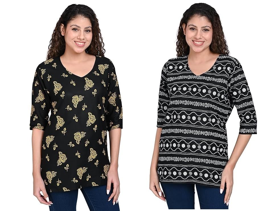 Image of OFEEFAN Women's Rayon Printed Short Kurtis - Pack of 2 | Ethnic Wear for Women | Regular Fit Comfortable Kurtas for Casual
