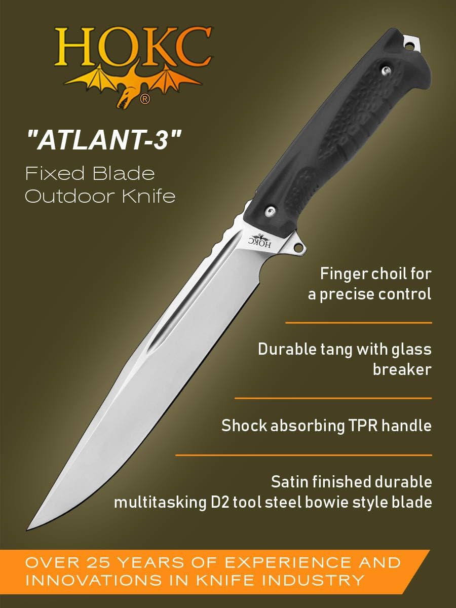 Atlant-3 | 606-101821 | Hunting & Tactical Knife by HOKC - D2 Stainless Steel Blade, TPR Handle, Glass Breaker, Designed by Russian Master Aleksander Biryukov