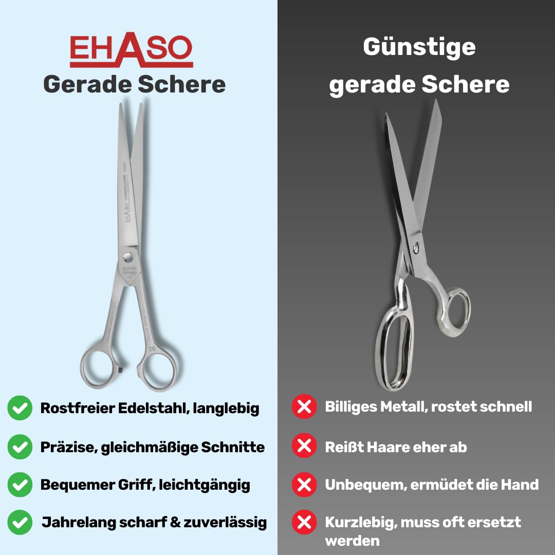 EHASO Hochwertige Gerade Hundeschere aus - Für langhaar & kurzhaar - 20 cm matt hohlschliff - Fellschere für Hunde & Katzen - Profischere für Jede Art von Fell direkt Solingen