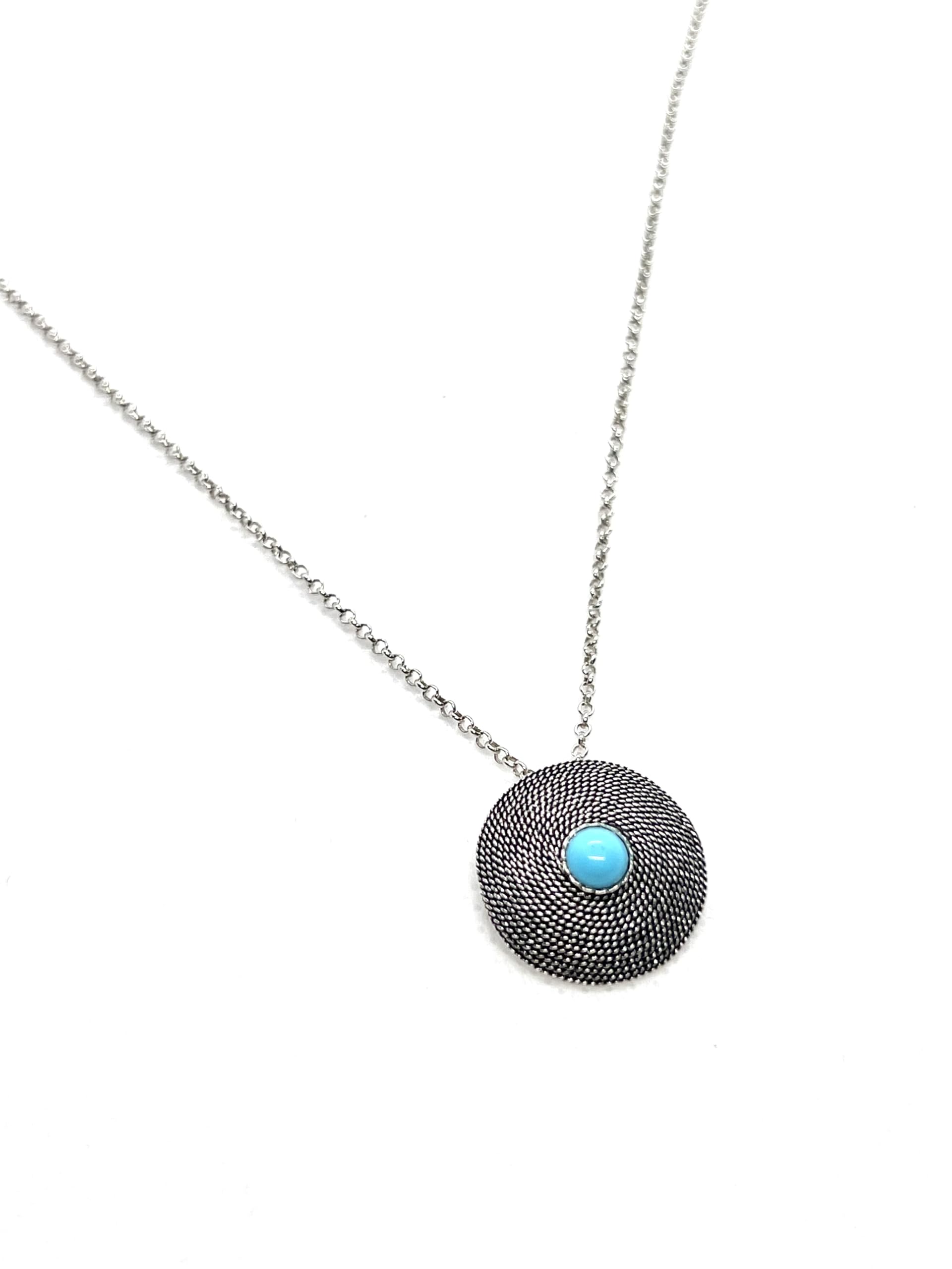 La Filigrana delle Sorelle Manunta Girocollo con Ciondolo Corbula Sarda, pietra centrale in Corallo o in Turchese, DIAMETRO 1,8 cm, Argento brunito