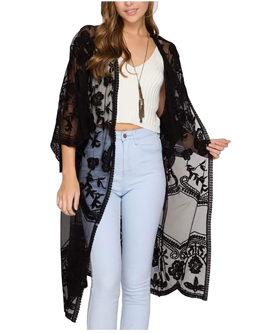 Shuanghao Verano Mujer Encaje Ropa Vestido de Playa Sexy Camisolas y Pareos de Bikini Baño Largo Suelto V Cuello Suave Cómodo Floral Gasa Traje Camiseta Camisa Túnica Girl Coverups