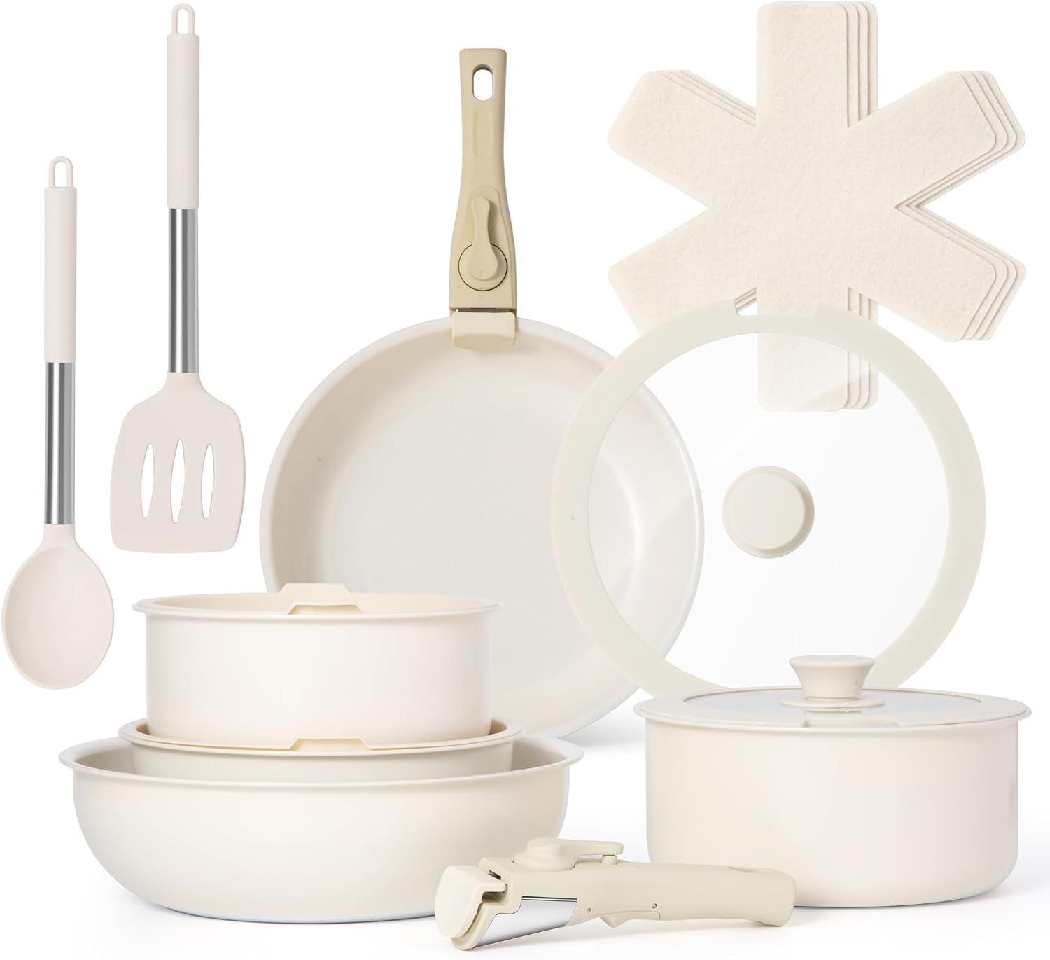 VonShef 17pc Pots and Pans Set, Non-Stick Frying Pans, Saucepans, Protectors & Lids, Non-Toxic Ceramic Lined w/Detachable Handles, Oven-Safe & Easy Clean, PFAS PTFE PFOA Lead & Cadmium Free
