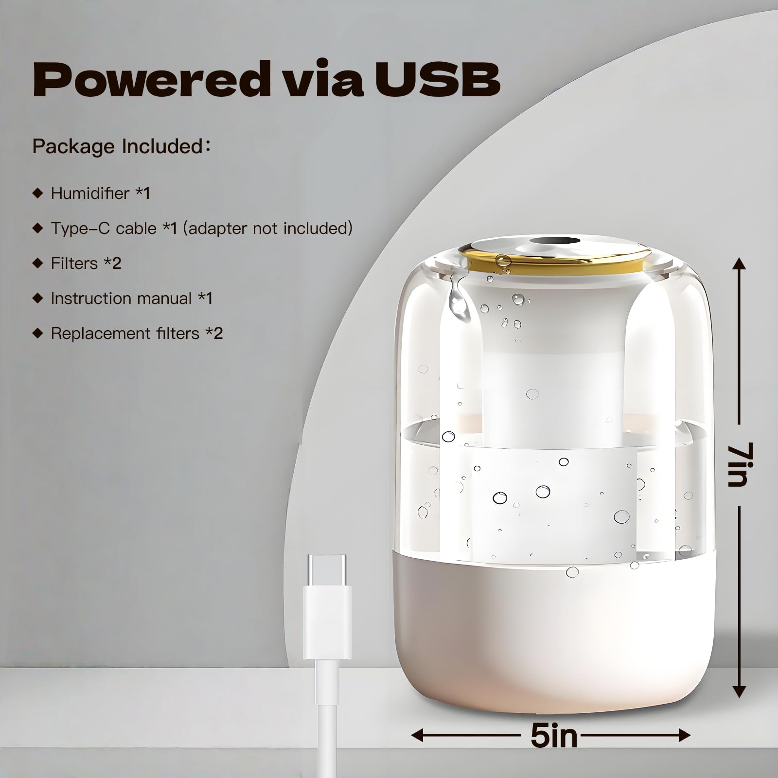 Humidificador de aire para dormitorio, humidificador silencioso de niebla fría de 2 litros para plantas, dormitorio, oficina, hogar, coche, humidificador personal con 3 modos de niebla y luz