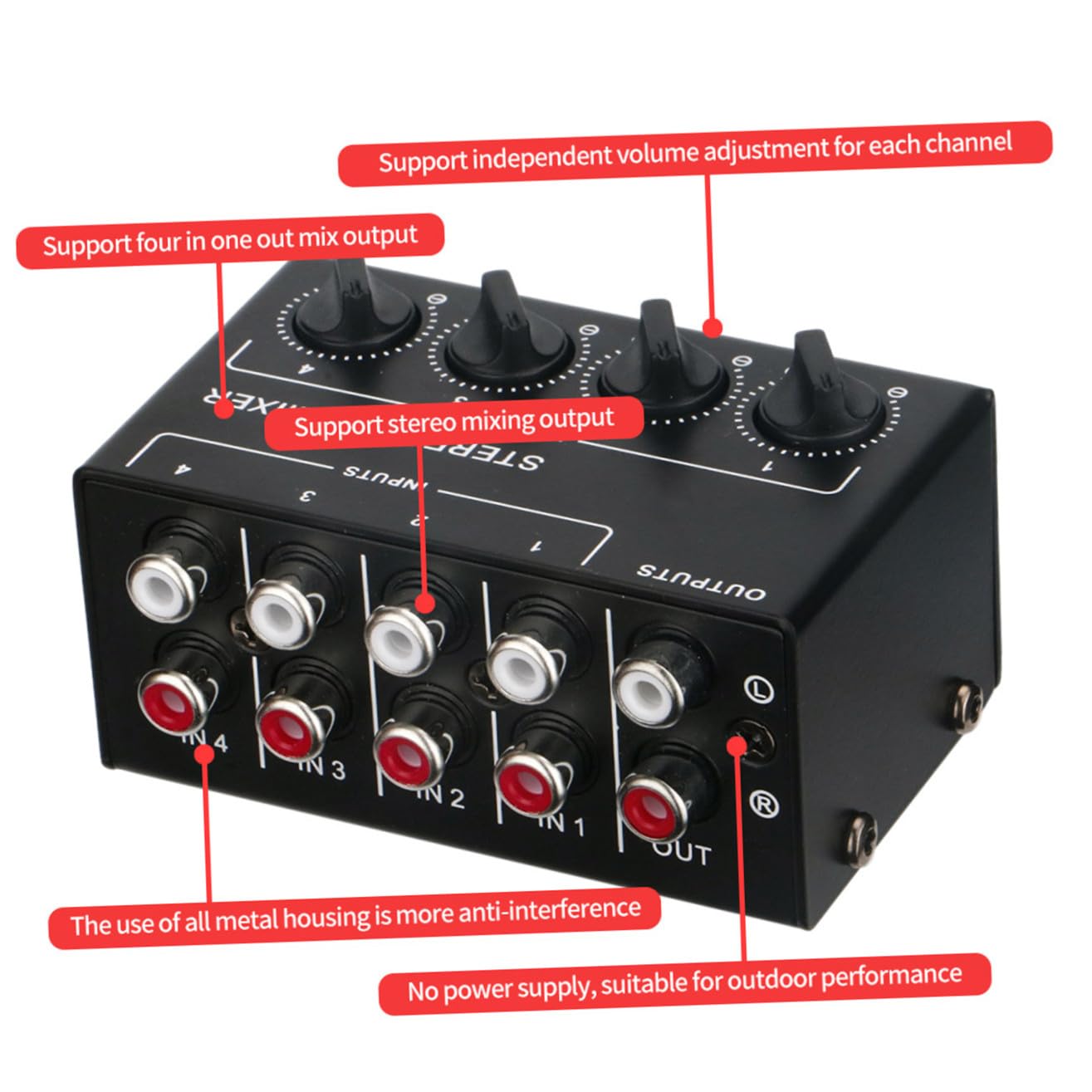 Beaupretty Mezclador Pasivo de Audio para Grabación Profesional de 4 Canales Mini Estéreo Portátil Carcasa de Hierro y Abs y Mezcla en Dispositivos Portátiles