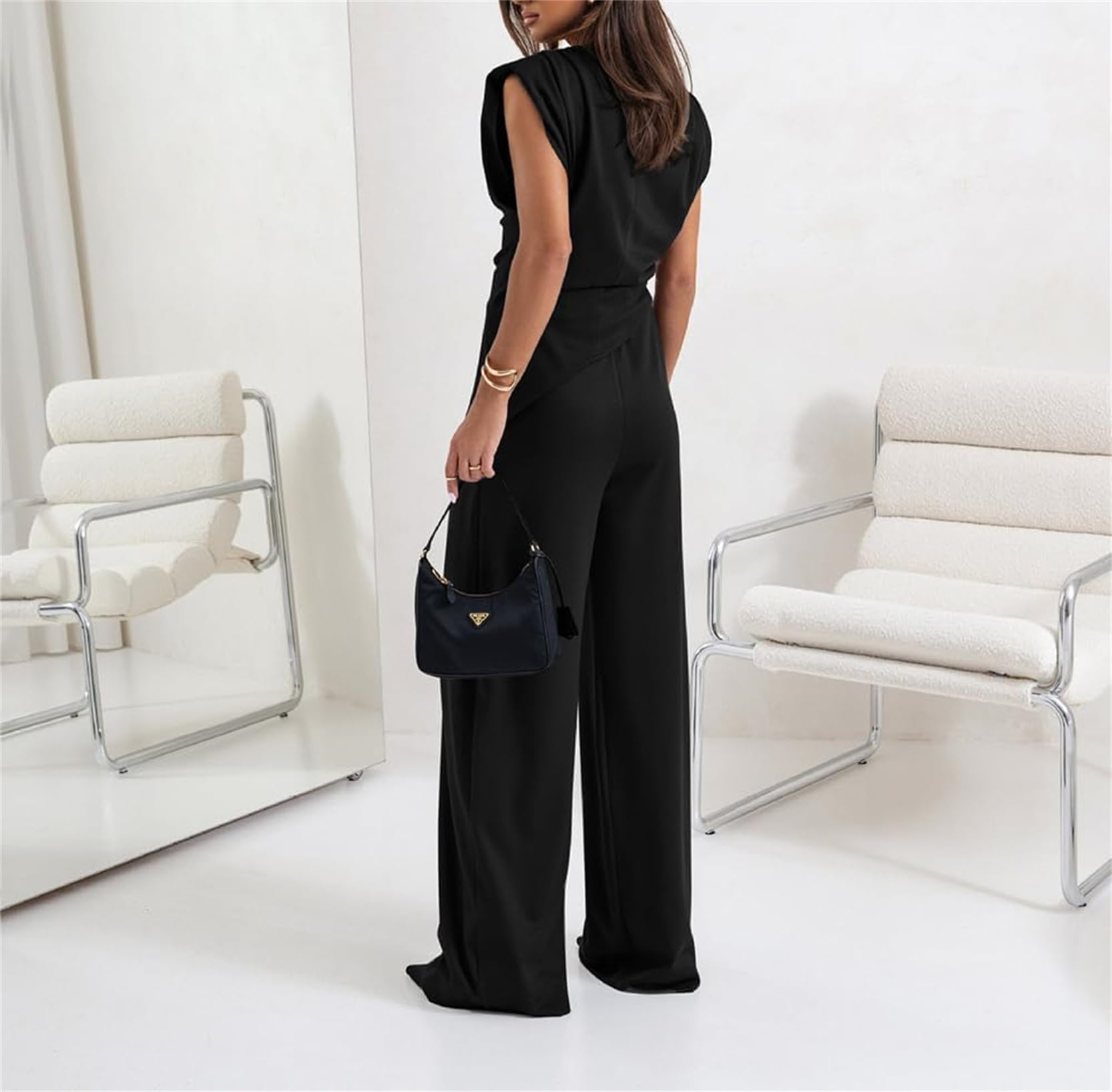 Ensemble d'affaires décontracté plissé sans manches à col rond pour femme - Haut irrégulier de couleur unie et pantalon taille haute
