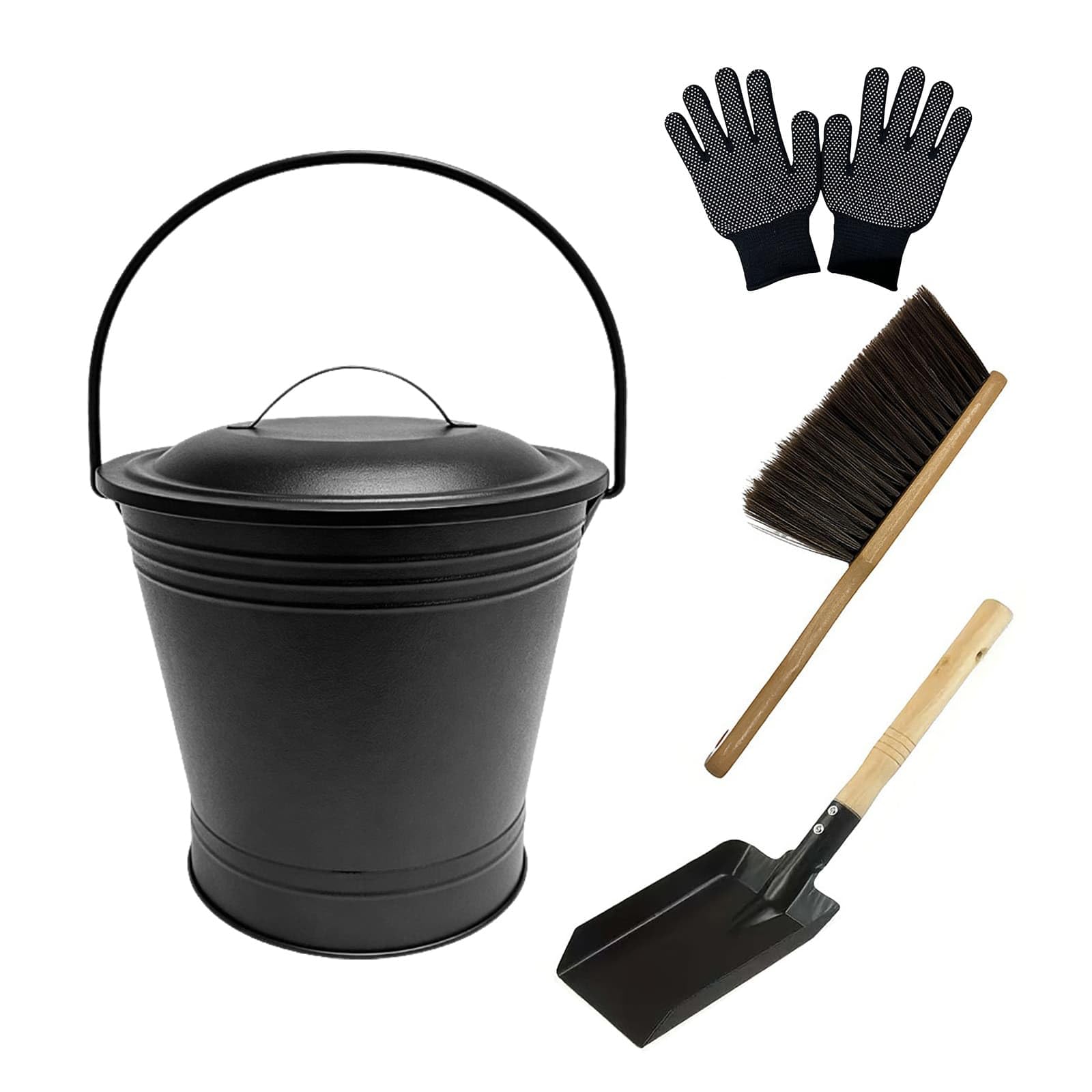 Ash Bucket 11L Metal Ash Bin Set with Lid, Shovel, Hand Broom and Gloves