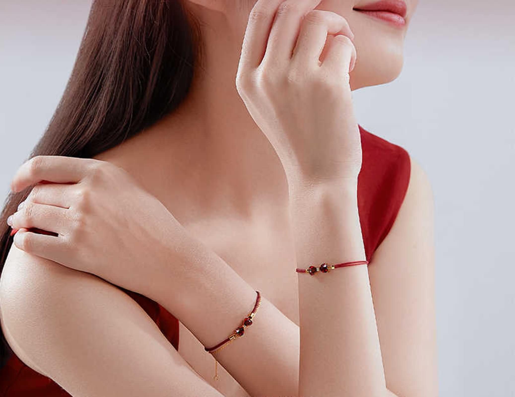 Pulseras de oro de 9 quilates para mamá, cuerda doble y cadena con granate y diamante de 2 quilates, pulseras hechas a mano para mujer, 19 + 3 cm