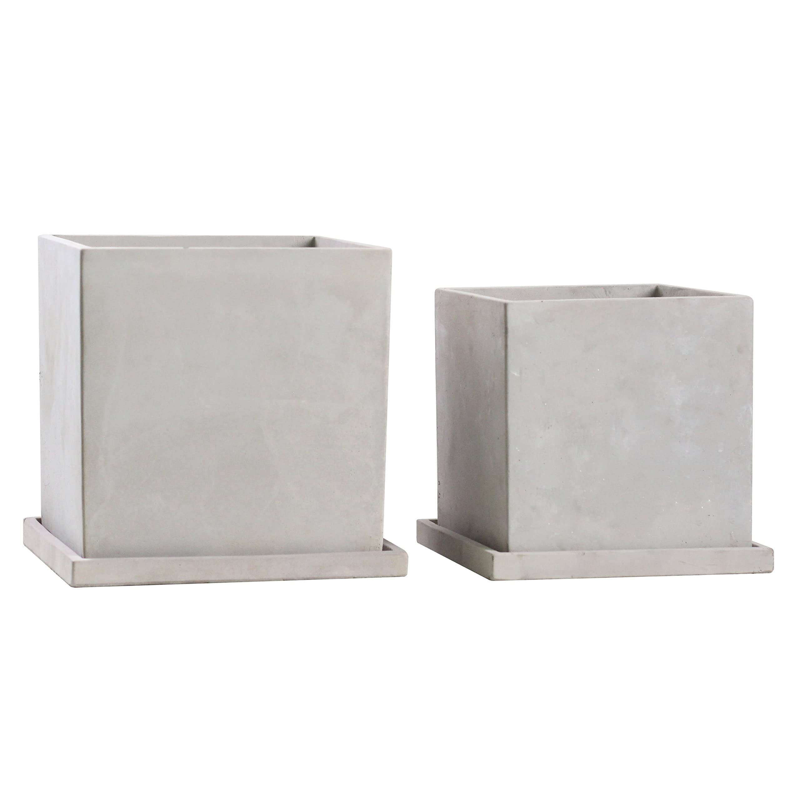 Olly & Rose Mykonos Square Plant Pot Set with Saucers - Light Grey Ceramic Cement Indoor & Outdoor Planters