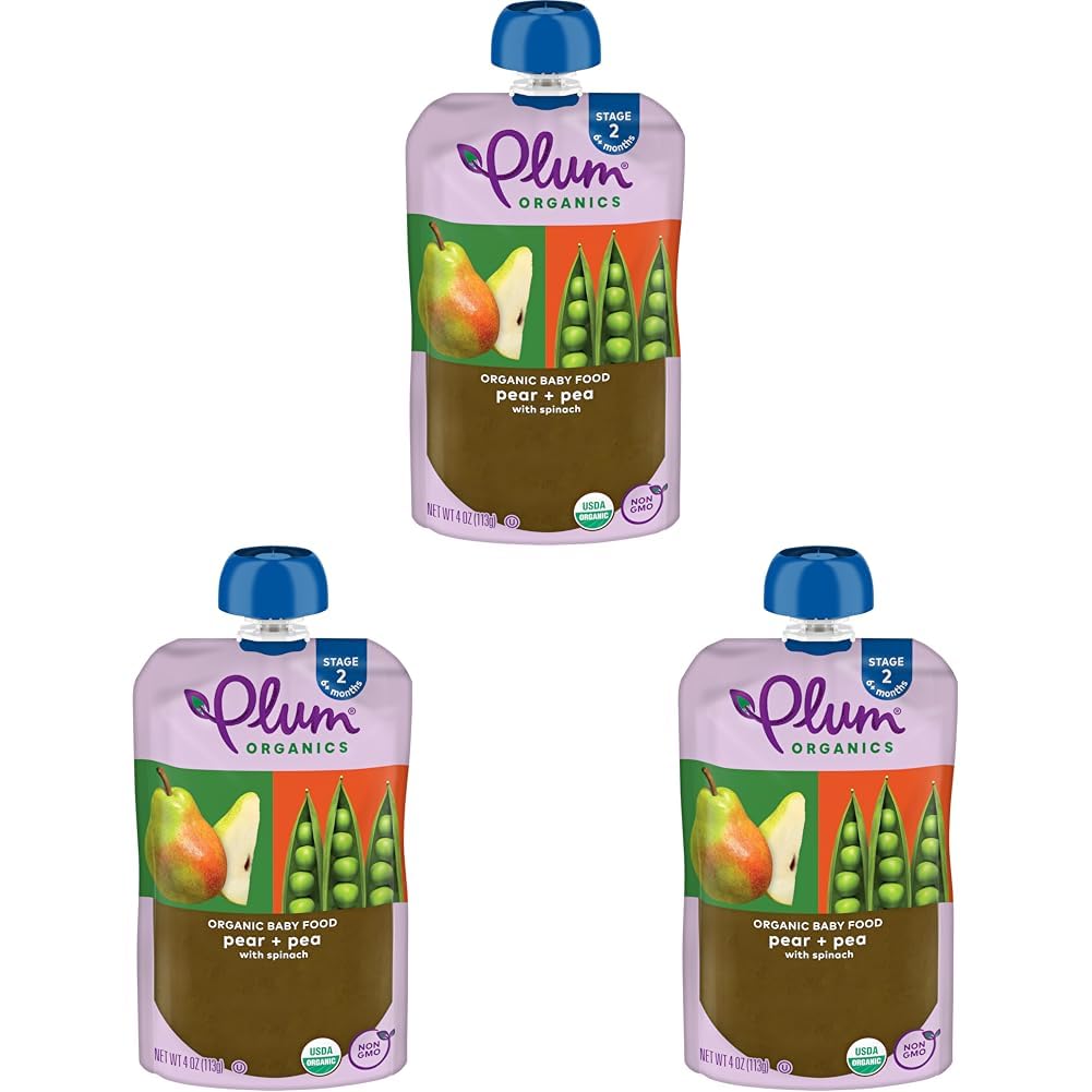 Plum Organics Stage 2 Organic Baby Food - Pear + Pea with Spinach - 4 oz Pouch - Organic Fruit and Vegetable Baby Food Pouch (Pack of 3)