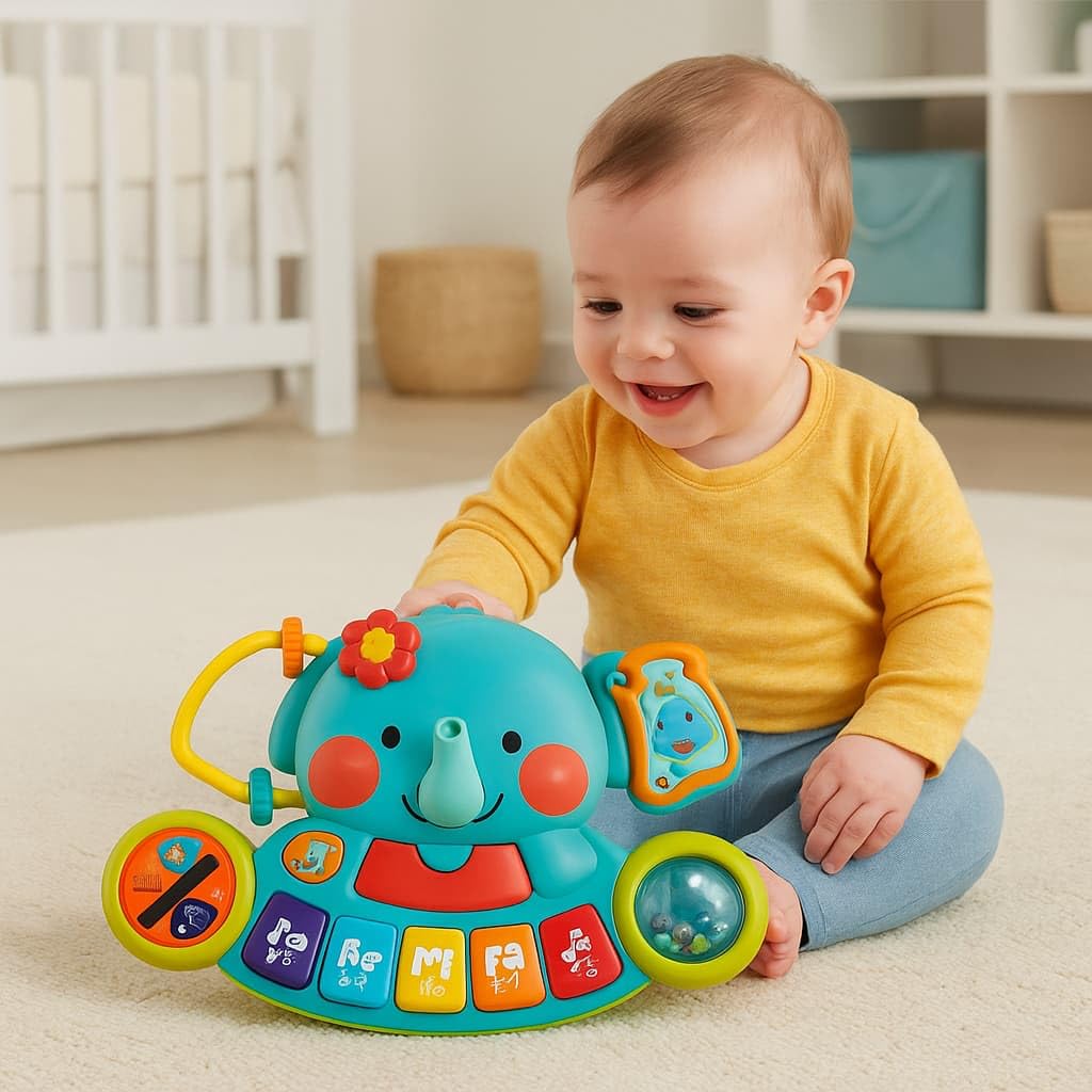 Hola - Piano Infantil de Juguete - con Luces y Sonidos Reales de Instrumentos Musicales - Juego Elefante Musical con Teclado y 7 Actividades - Juguete Sensorial y Educativo - Regalo Bebe +6 Meses