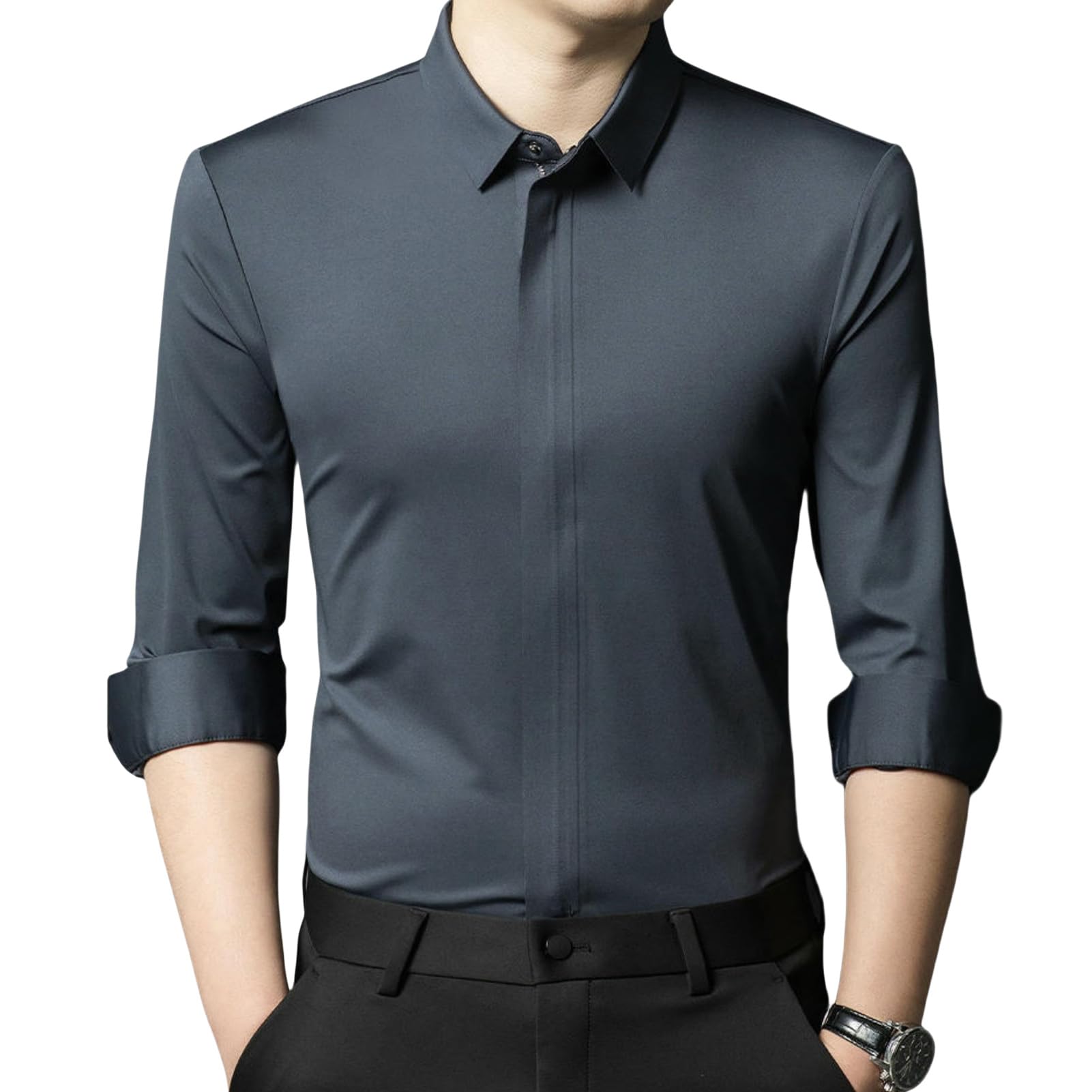 Camisa de manga larga para hombre, para primavera, otoño, seda, elástica, oculta, solapa, color liso, para negocios, informal, de negocios