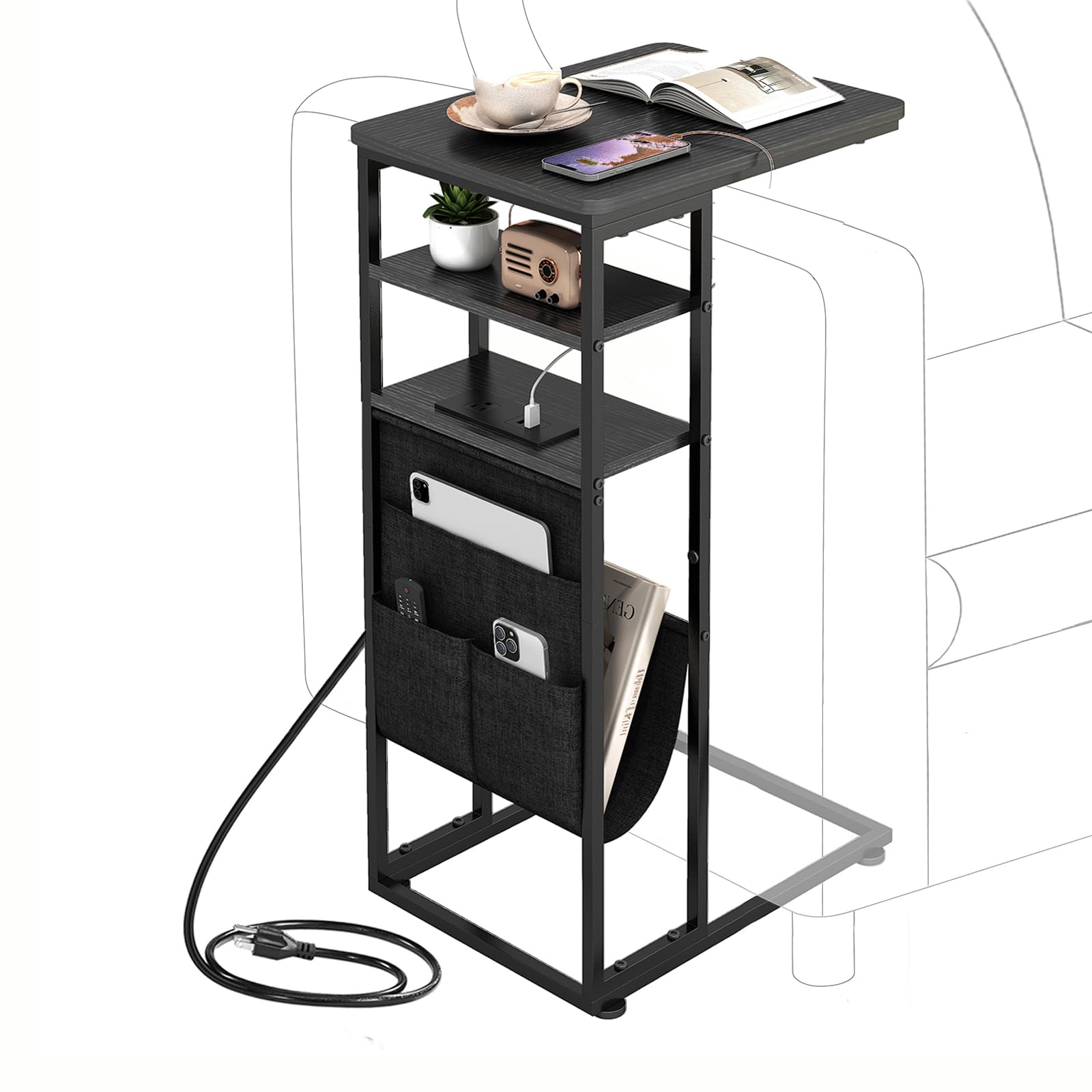 ZEXVIDA C Shaped End Table with Charging Station, 28"(H) 3-Tier C Table with Storage Bag, Under Couch Table C-Shaped End Table with Storage Shelves