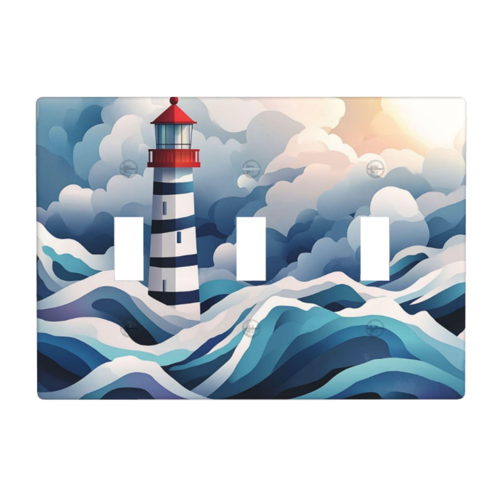 Woshuwo White Lighthouse Geometric Flat Light Switch Covers 3 Gang Triple Toggle Wall Plate Switchplate Electrical Faceplate For Bathroom Kitchen Bedroom Decor