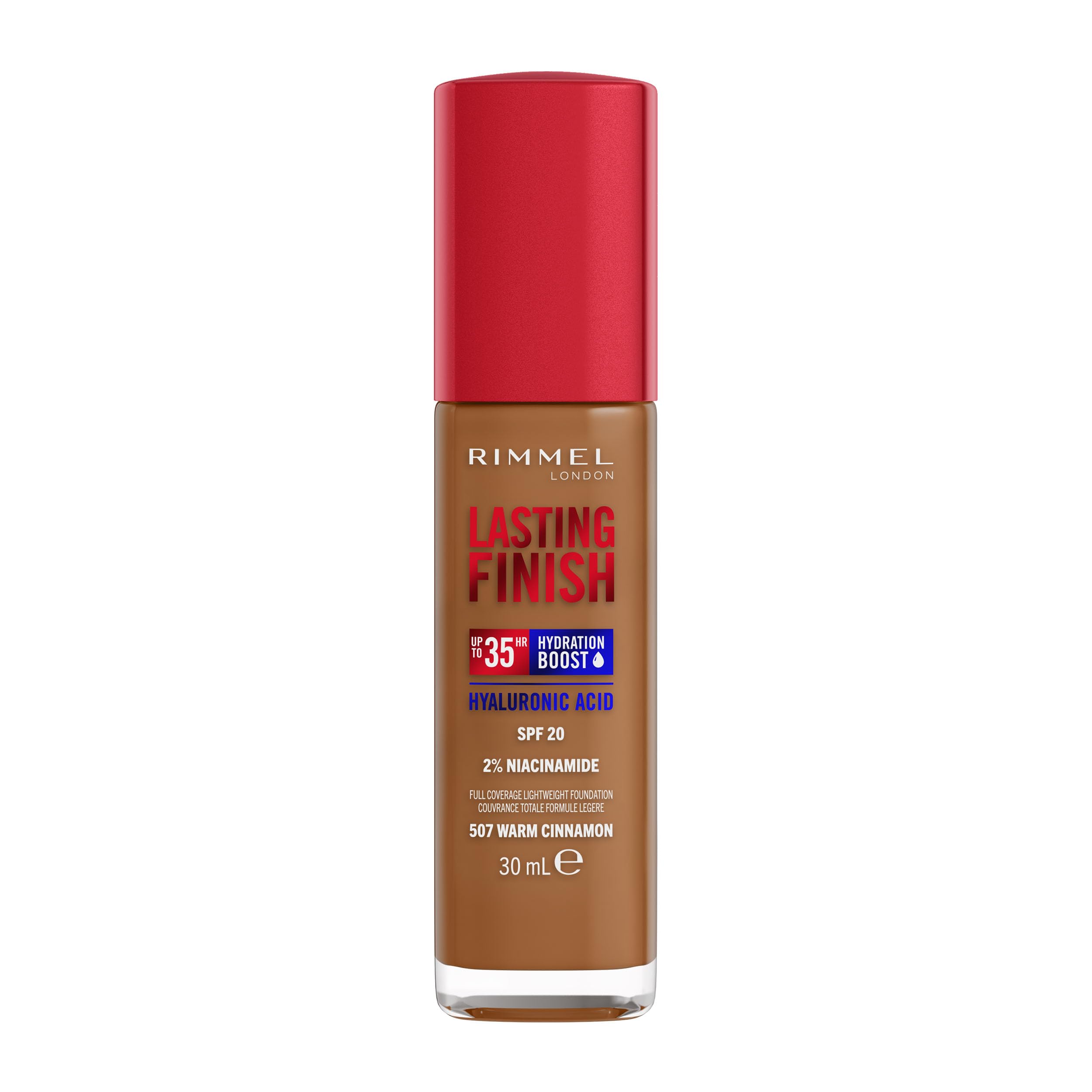 Rimmel Lasting Finish 35Hr Foundation 507 Warm Cinnamon, Full Coverage, Hydrating, SPF20, Hyaluronic Acid, Vitamin E, 2% Niacinamide, All Day Wear, Vegan, Cruelty Free