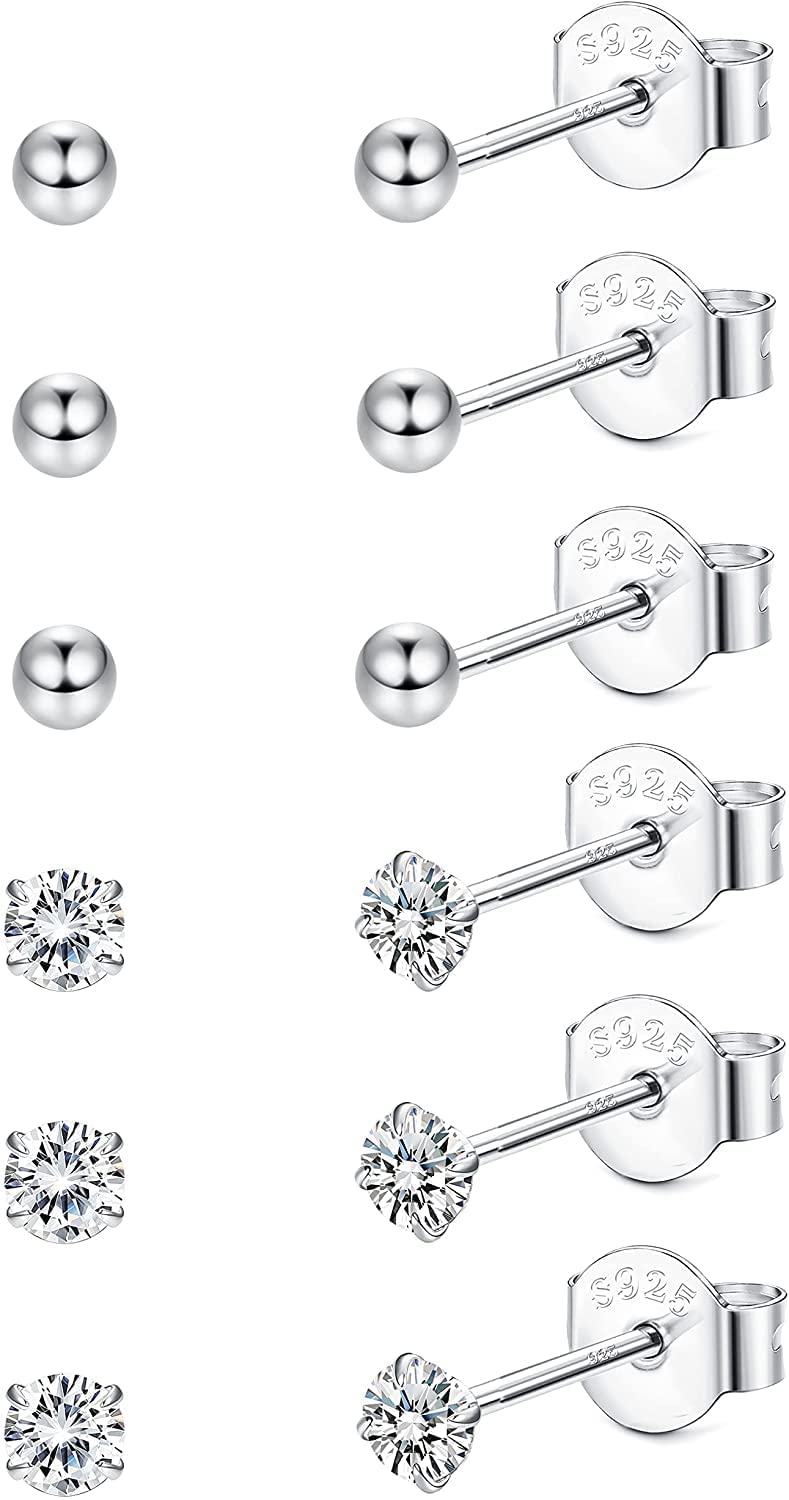 Finrezio 6 Pares Pendientes Plata Ley 925 Pendientes Hipoalergénicos para Mujeres Hombres Pequeños Aretes Plata Cartílago CZ Pendientes Bola pendientes para Dormir Juego 2 MM