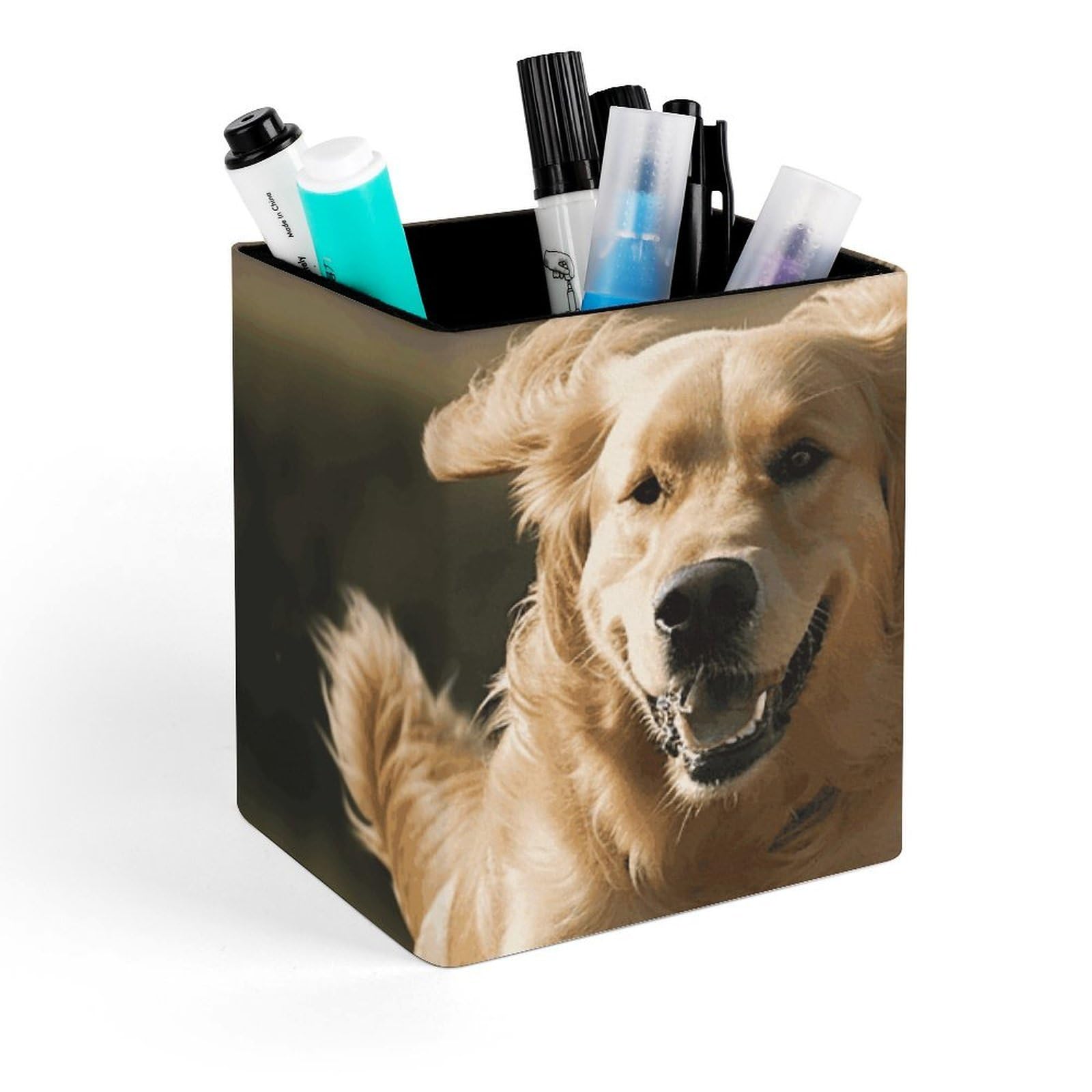 FekiLoot Golden Retriever Running Pencil Holder Square Leather Pen Holder Cup Modern Multi-Functional Pencil Cup Holder Decorative Desk Organizer Caddy Makeup Brush Holders for Desk Office