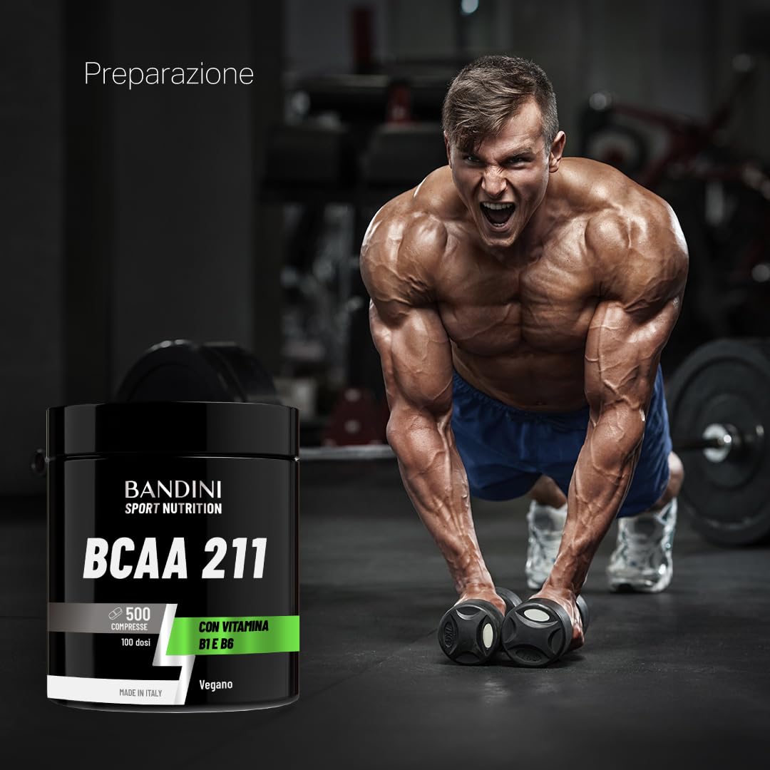 Bandini® AMINOACIDI RAMIFICATI BCAA 211 con Vitamina B1 e B6 | 500 Compresse da 1050mg per il Recupero Muscolare | Amminoacidi 2.1.1 Intra Pre Post Workout | 2:1:1 Per Palestra, Allenamento 100% Vegan