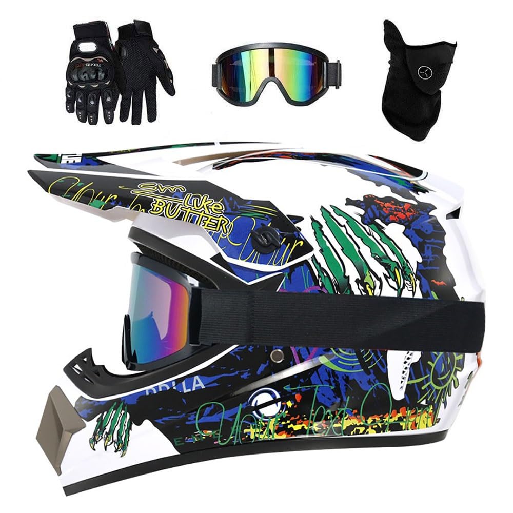 Doble Deporte MTB Casco de Motocross, con Gafas Guantes Mascarilla, Juventud Niños Integral Todoterreno ATV Scooter Callejero Motocicleta Cascos, Descenso BMX Quad Dirt Bike Enduro Casco