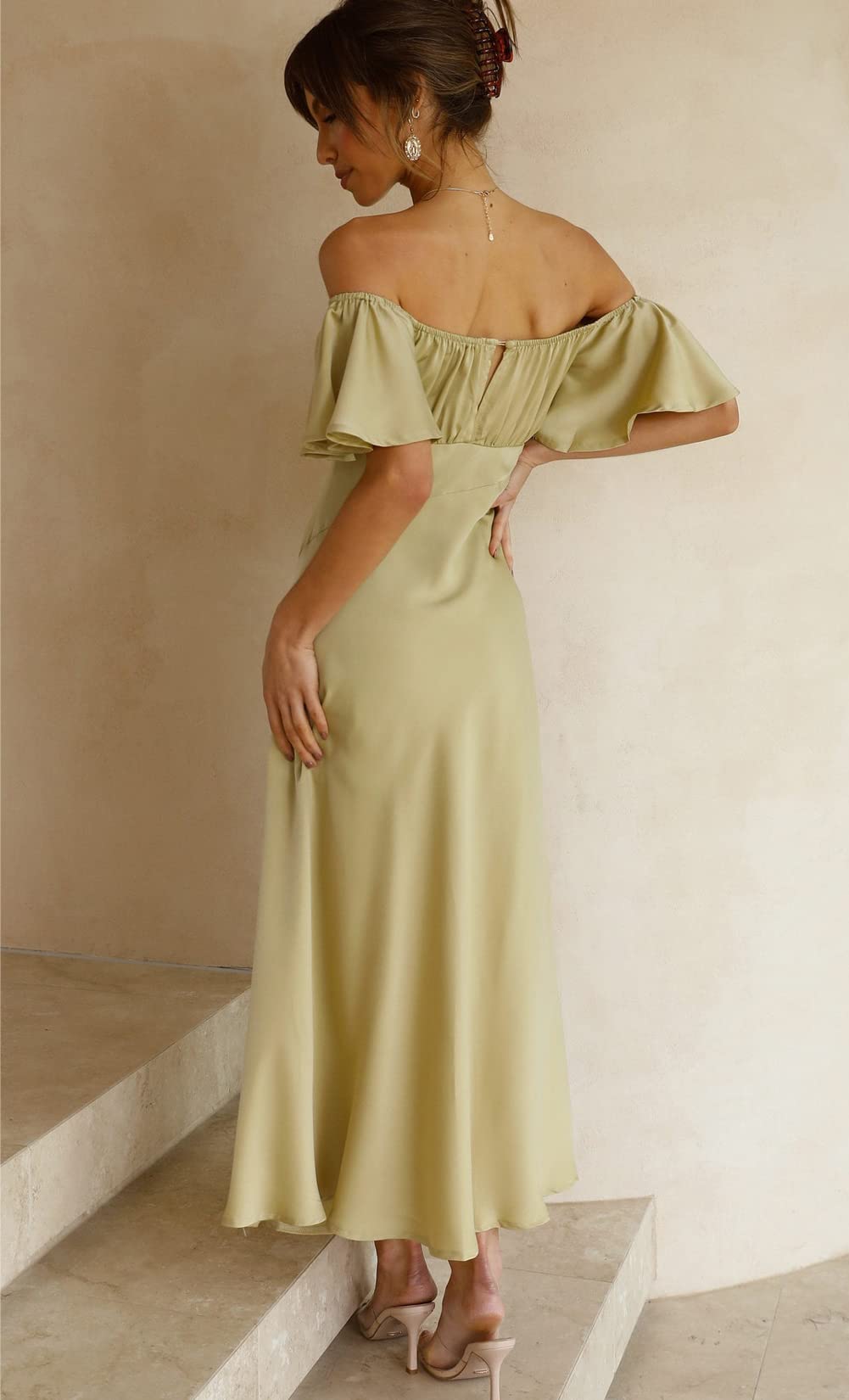 Vestido formal de satén con hombros descubiertos para mujer, elegante, manga de mariposa, vestido midi de cóctel con abertura para fiesta de graduación