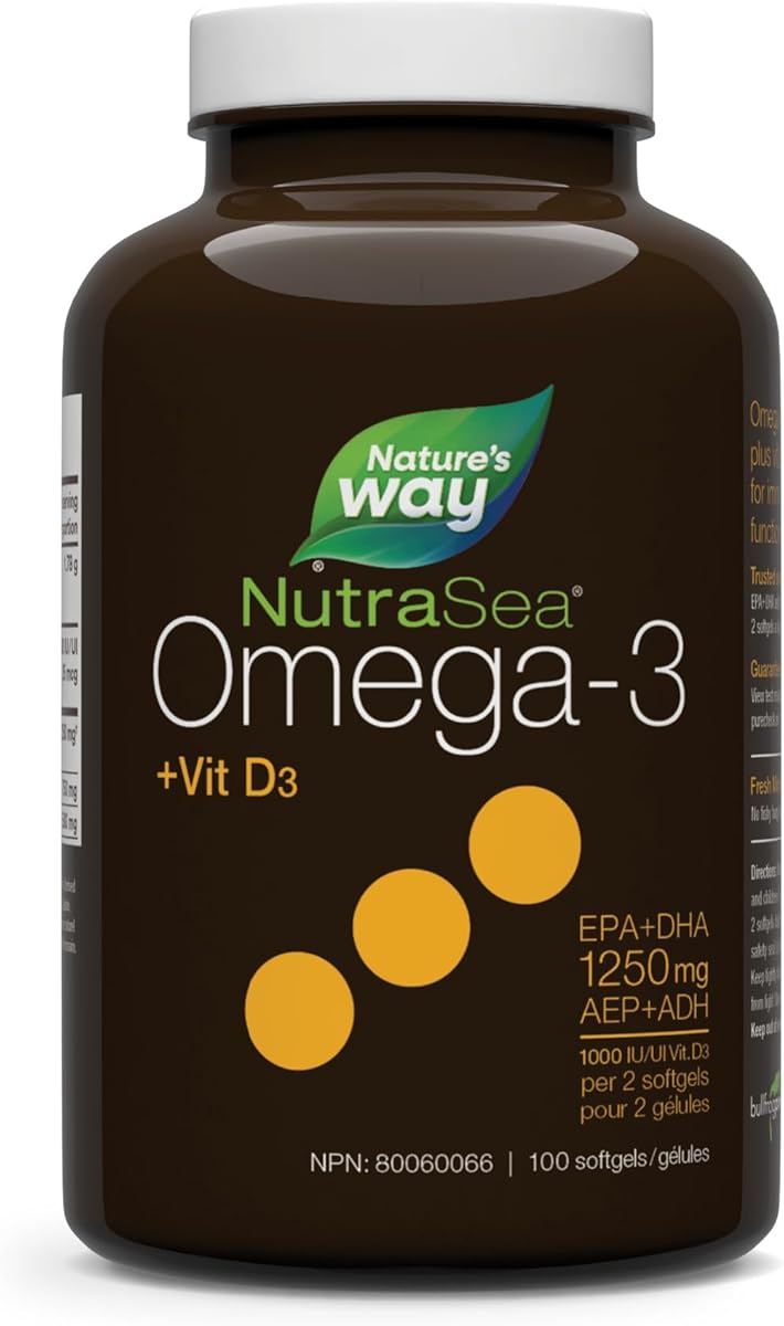 NutraSea Nature's Way NutraSea Omega-3 and Vitamin D Soft Gels - Fish Oil Supplement with EPA and DHA – Support Healthy Heart and Brain, Help Build Strong Bones and Teeth & Help Support Immune System – Mint Flavour, 100 Softgels