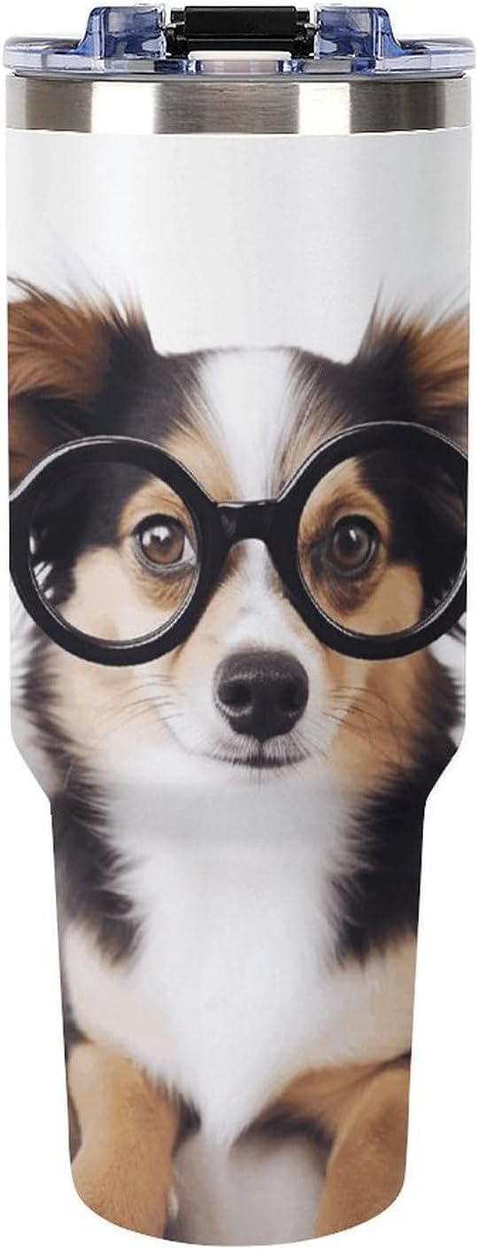 Cute Dog with Glasses Tumbler 40 Oz with Handle&Lid Large Car Cup Stainless Steel Vacuum Travel Mug Insulated Water Bottle Leak-proof Portable Coffee Cup for Home Car Outdoor
