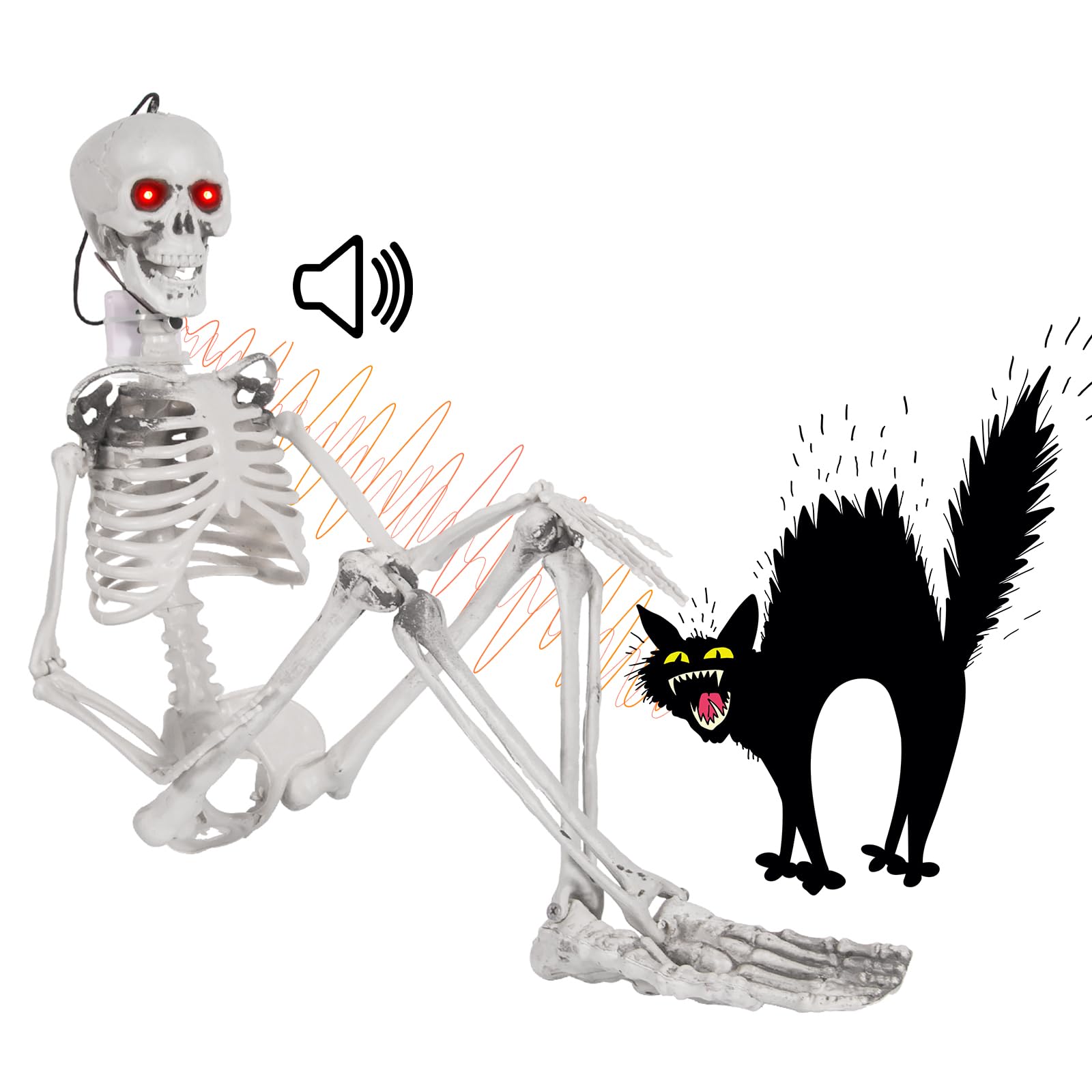 Halloween Hanging Posable Skeleton - 3FT Halloween Prop Skull with LED Glowing Eyes and Creepy Shrilling Sound - Sound Activated Outdoor Halloween Decorations Skeleton Decoration