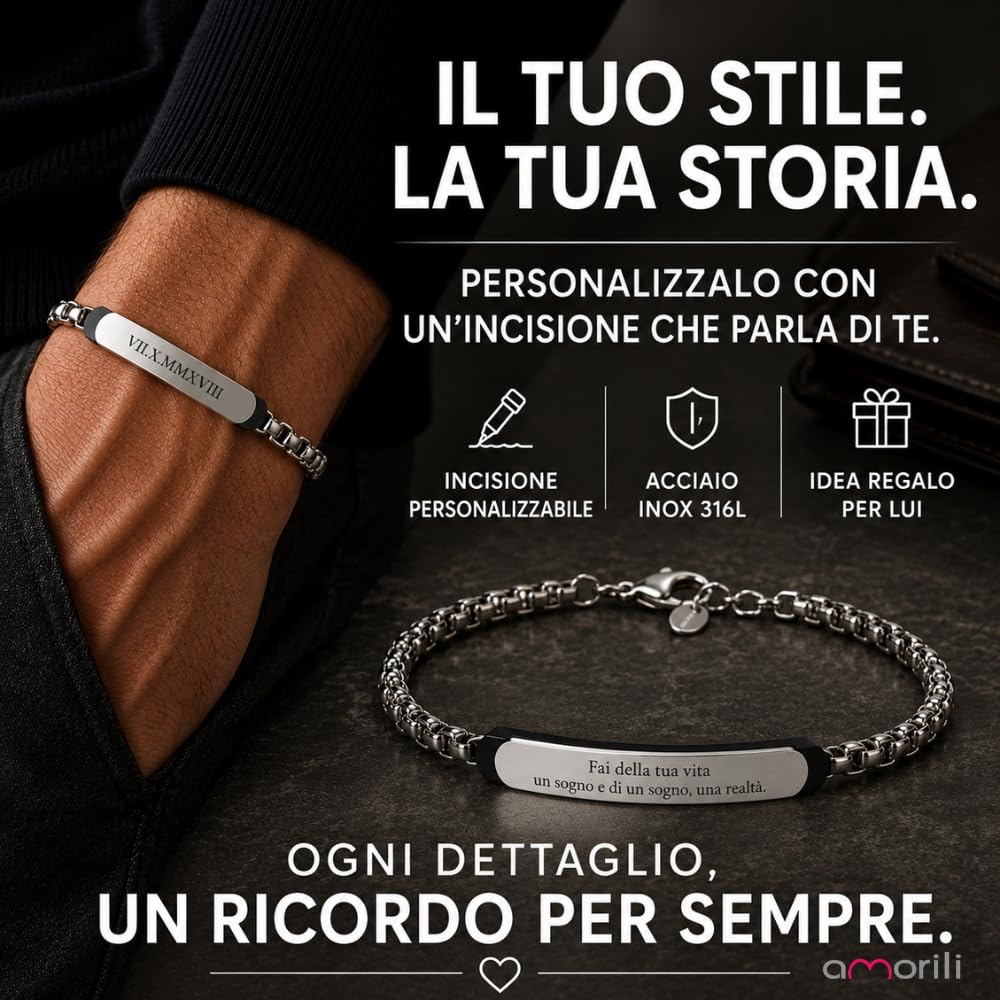 Bracciale Uomo Personalizzato Personalizzabile con Incisione in Acciaio Inox – Bracciale Maschile Elegante con Nome Data Frase – Idea Regalo Uomo bcc2912