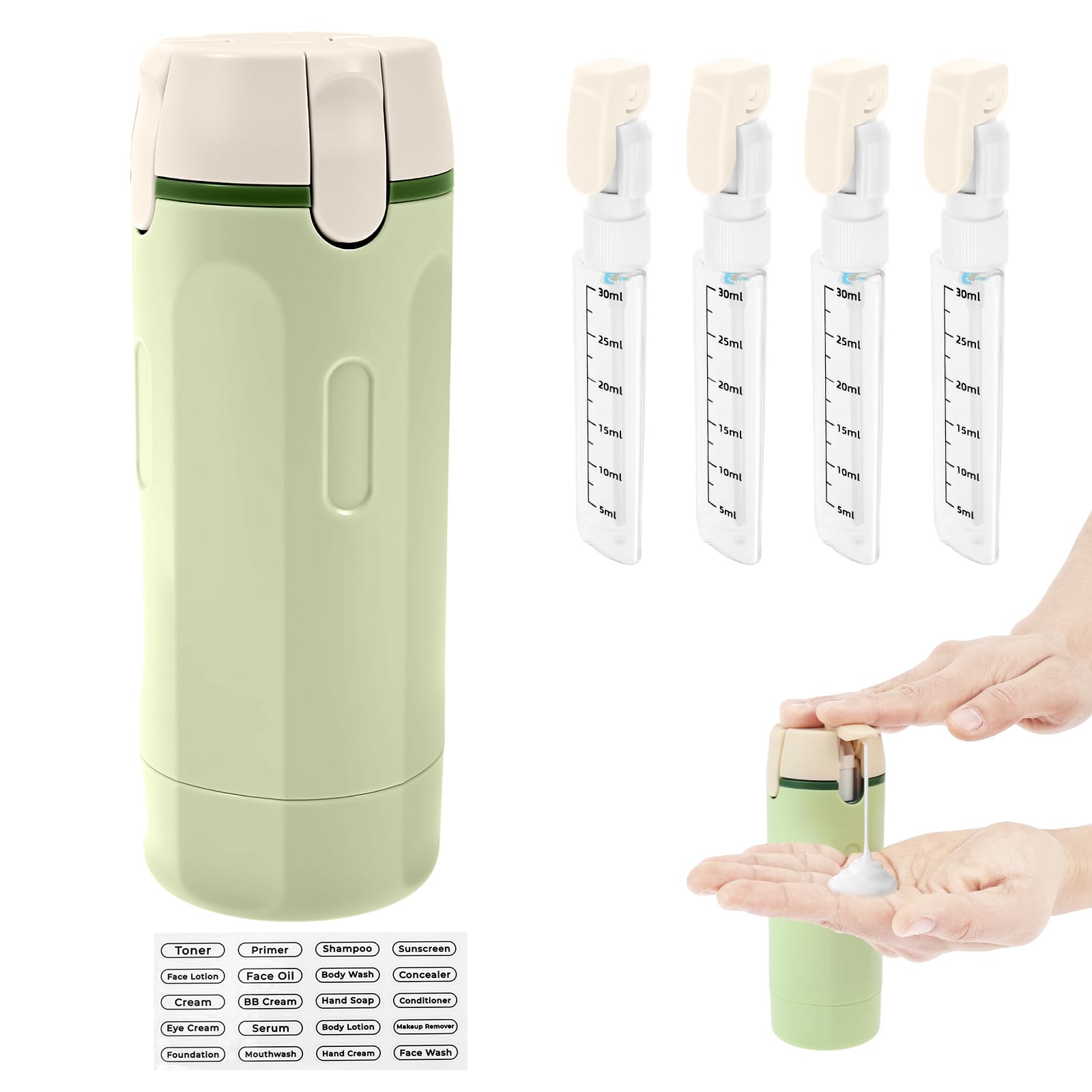 4 In 1 Travel Bottle Dispenser, Travel Bottles for Toiletries with Scale and Label, Refillable Leak Proof Squeeze Bottle, No Spill Container for Shampoos Conditioner Lotion Liquid Cream Toiletries