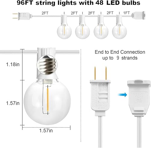 Miniatura 37 de SUNTHIN Guirnalda de luces blancas para exteriores, luces blancas de patio de 48 pies con 25 bombillas LED G40 inastillables (1 repuesto), luces