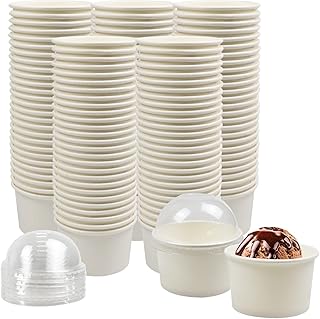 SINGOMON 100PCS 5 oz Ice Cream Cups Disposable Paper Dessert Bowls Treat Cups Ice Cream Containers White Disposable Paper Frozen Yogurt Cups Soup Cups with Dome Lids for Sundae, Frozen Yogurt, Soup, Dessert Fast Food Party Supplies