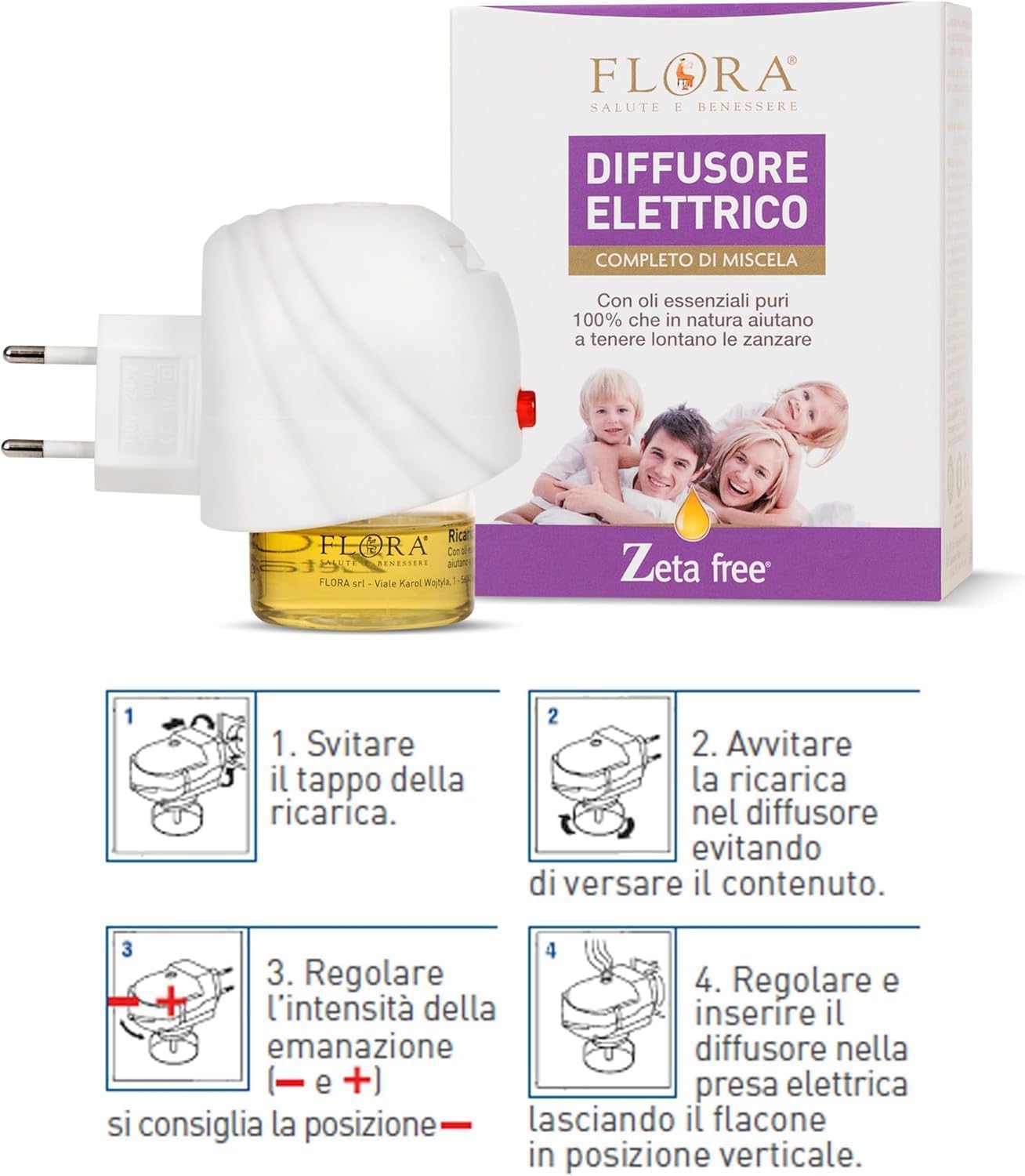 FLORA Diffusore Elettrico Zeta Free + Ricarica 25 ml – Miscela di Oli Essenziali Naturali (Citronella, Geranio, Lavanda, Neem), Profumo Fresco per Interni Poco Gradito agli Insetti, Fino a 30 Not