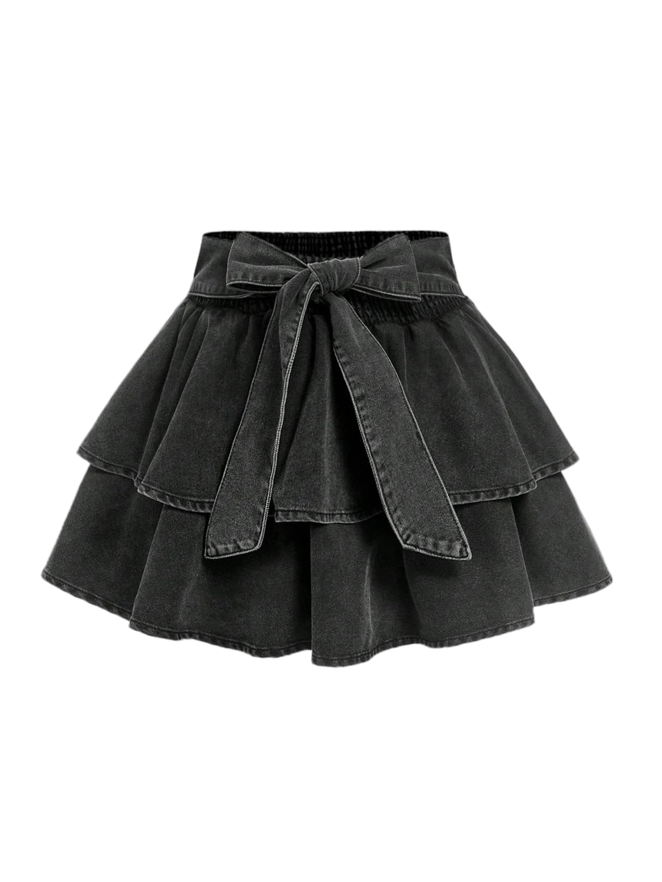WDIRARA Women's Plus Size Bow Mini Denim Skirt Layered Ruffle Elastic Waist A Line Jean Skirts: XX-Large Plus Black