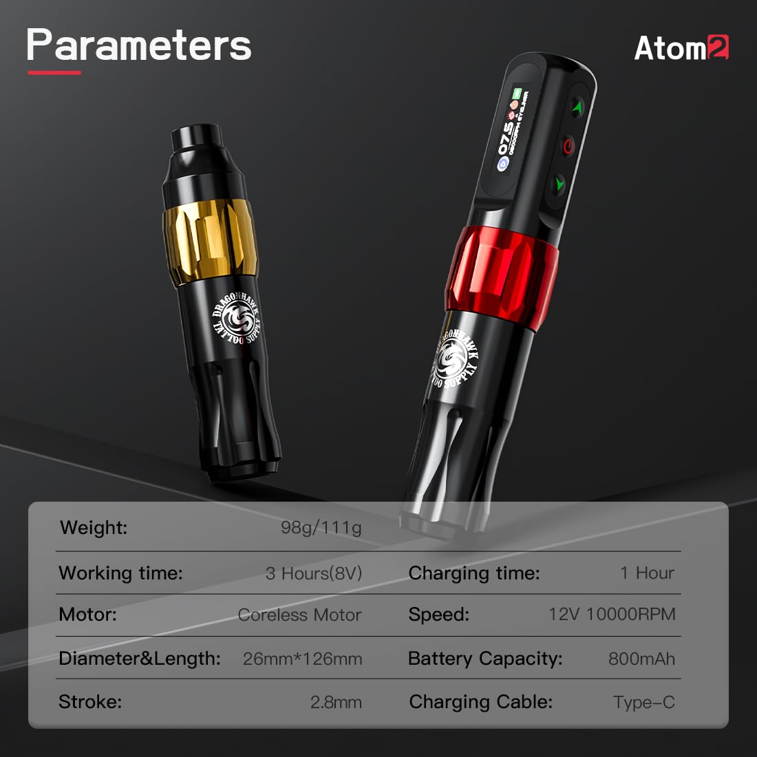 Dragonhawk Atom2 Tattoo Machine Rotary Tattoo Gun Microblading Pen 2.8mm Strokes Length 2pcs Batteries with Rca Jack for Eyebrow Eyeliner Lip (RED 1 BATTERY)
