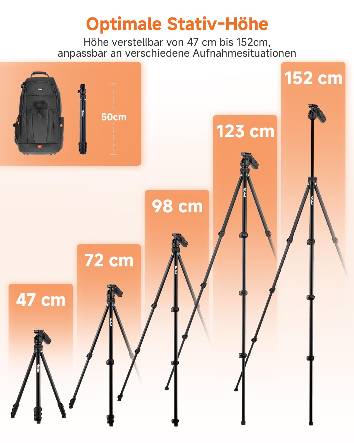 Rollei Compact Creator Stativ Kamera, 152cm Reisestativ aus Aluminium Leicht & Platzsparend Fotostativ mit Integrierte Handy-Halterung & Fernauslöser für DSLR & Handy, Kamera-Stativ-Reisestativ-Tripod