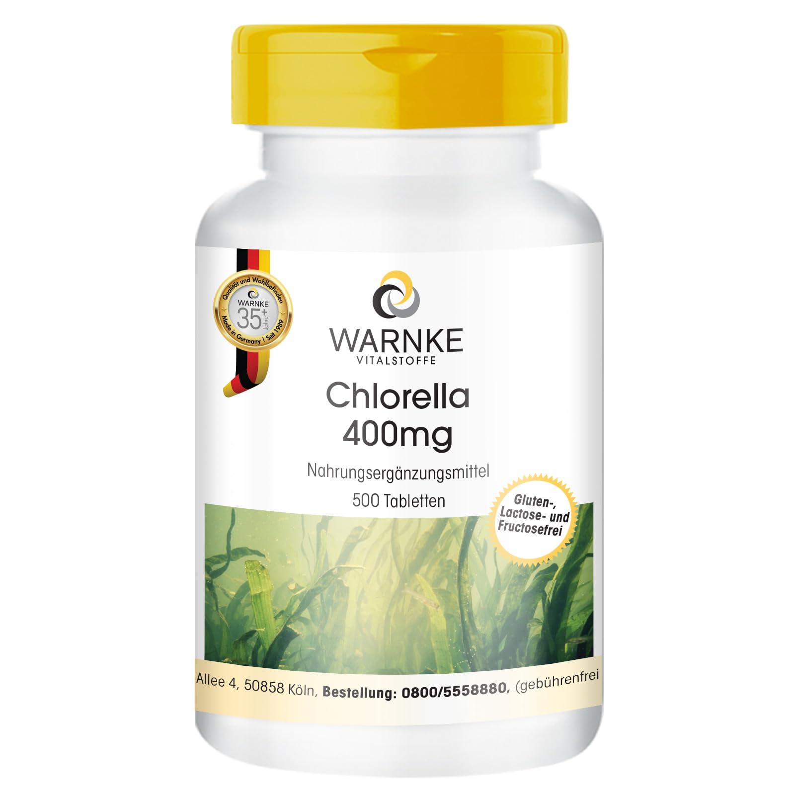Chlorella 400 mg - 500 comprimés - faciles à avaler - poudre d'algue Chlorella vulgaris - avec chlorophylle - végétalien - grand format | Warnke Vitalstoffe - Qualité pharmaceutique allemande