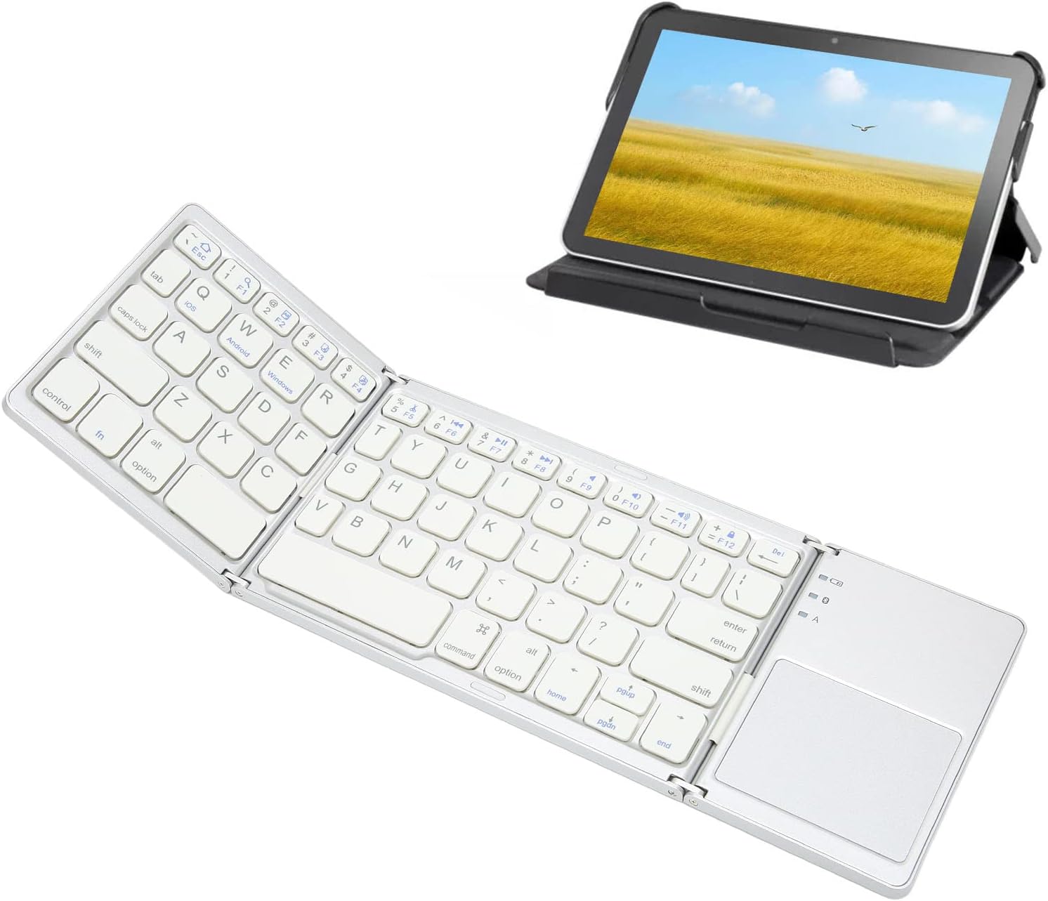 ワイヤレスキーボード 折りたたみ式bluetoothキーボード ポータブル63キータッチパッド付きメタル超薄型ミニ折りたたみ式キーボード Android 用ios用windows用コンピューターキーボード 銀 爆買い