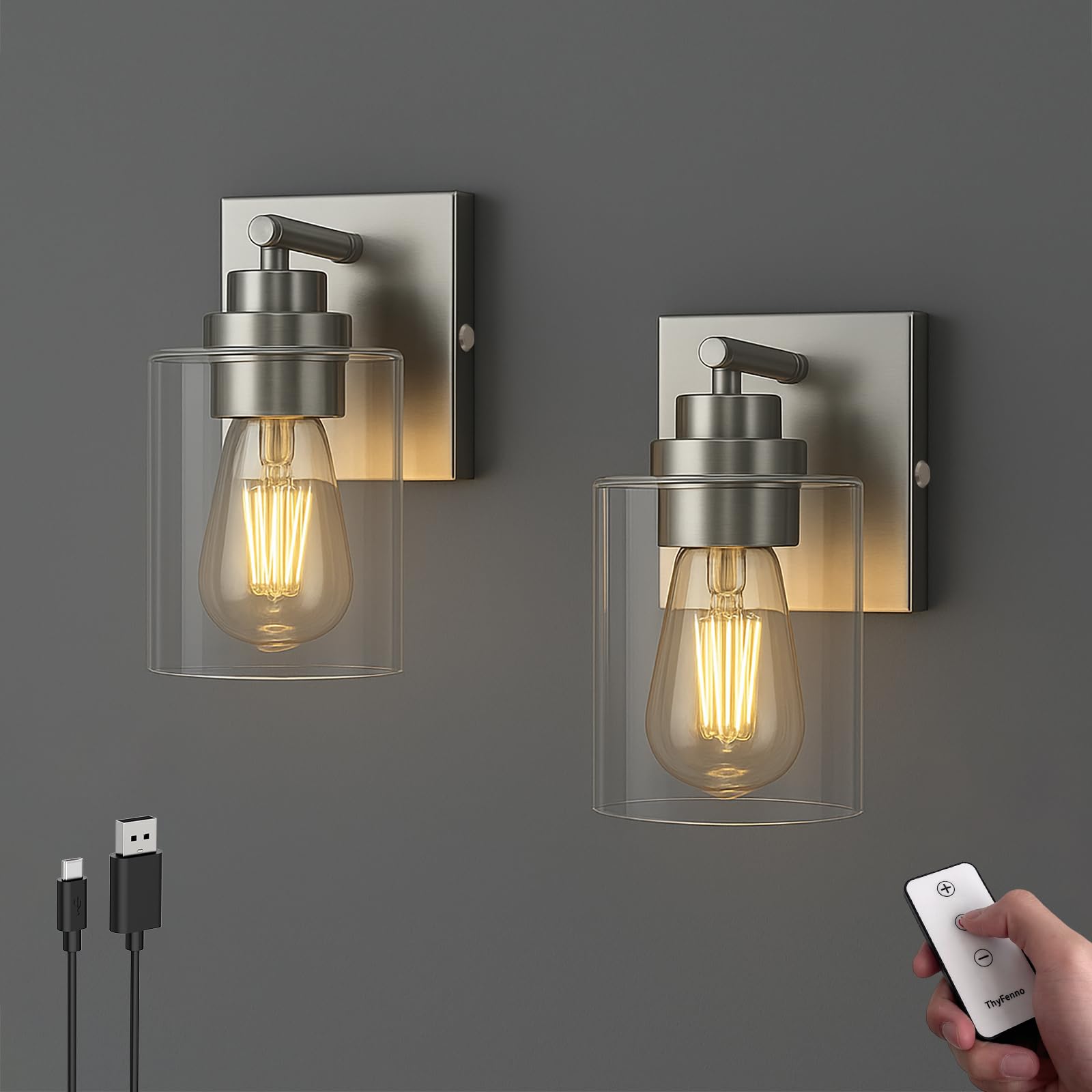 Battery Operated Wall Light with Remote Control, Dimmable Wall Sconce Set of 2 No Wiring, Rechargeable Wireless Wall Lamp for Living Room Bedside Hallway Lounge Mirror, Nickel