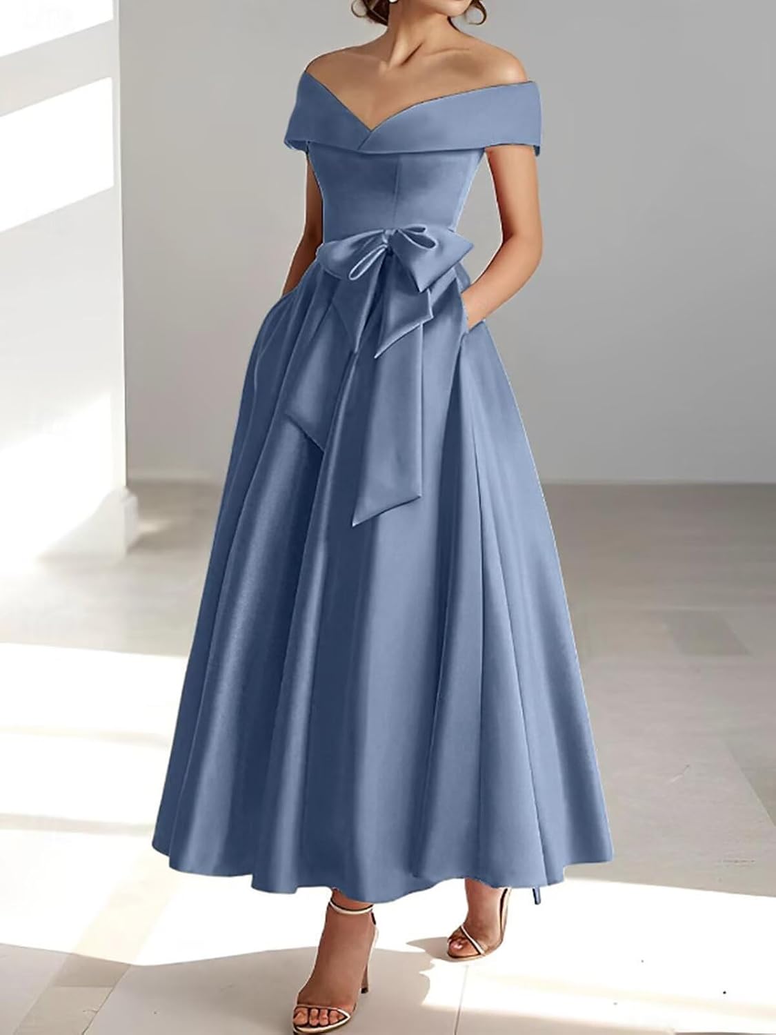 Womens Off The Shoulder Satin Mother of The Bride Dresses for Wedding with Bow Tea Length Formal Evening Gown