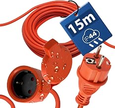 Outdoor Electric Extension Cord 15 m IP44 3×1.5 mm² 2000W Orange Uni-Schuko | Câble Prolongateur Étanche avec Fiche et Prise Type F avec Clapet -Rallonge pour Tondeuse, Jardin, Chantier-Horoz Electric
