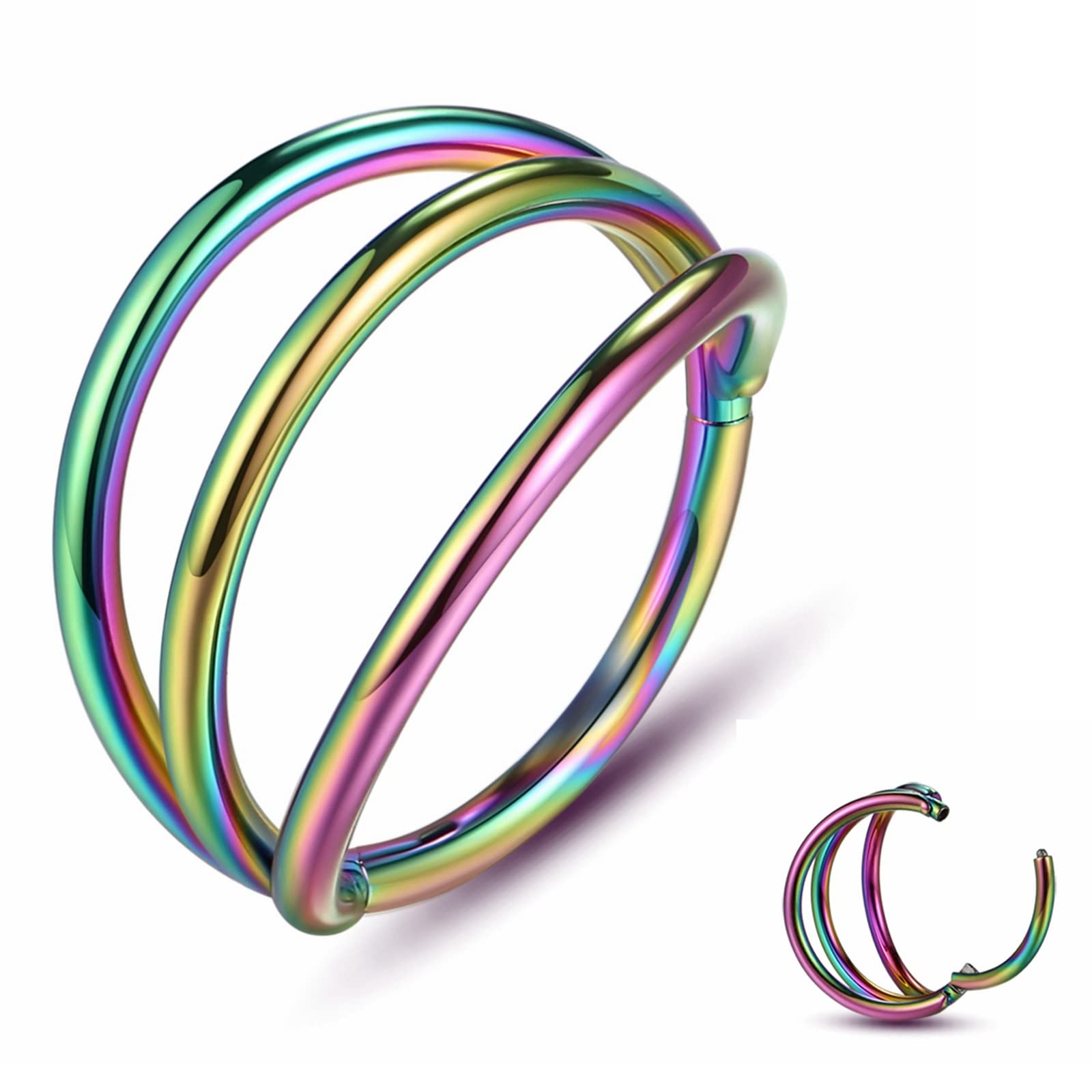 YROGCU Nose Ring Lip Septum Earring-Clicker: Double/Triple Ring Open Stacked Ring 14G/16G/18G/20G 6mm/8mm/10mm/12mm 316L Surgical Steel Sleeper