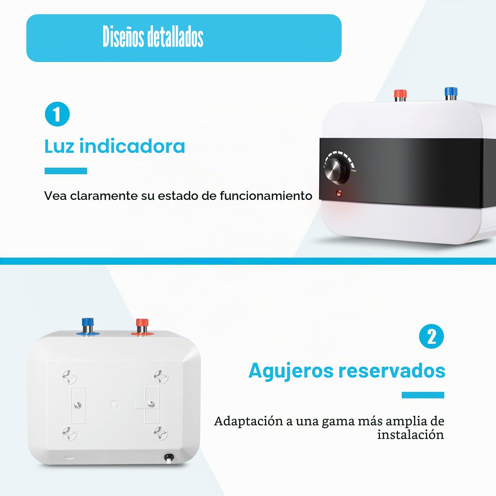 Termo Electrico, 1,5 Kw Calentador de Agua Electrico Instantaneo, Tiempo de calentamiento 8-15 minutos, Rango de ajuste de temperatura 30-65℃, Capacidad 6L, Adecuado para cocinas, baños, etc