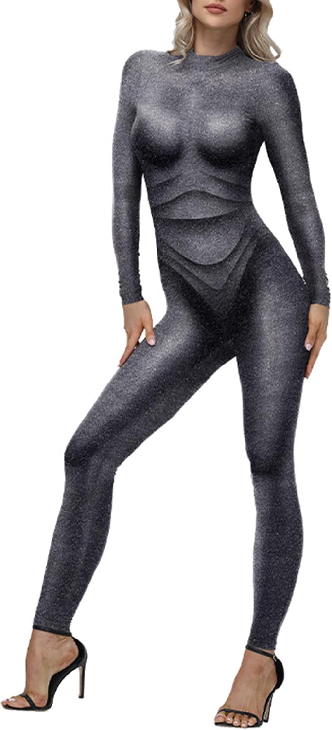 Geometric Abstract Printing Skinny Zipper One Piece Jumpsuit Long Bodysuit Outfits