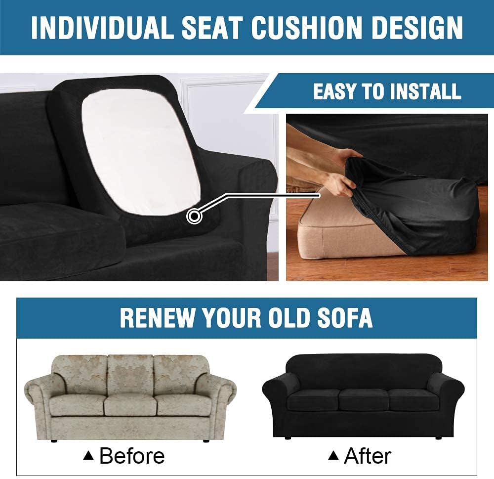 H.VERSAILTEX Velvet Stretch Sofa Covers for 3 Cushion Couch Bundle Loveseat Sofa Covers for 2 Cushion Couch Bundle 1 Seater Armchair Covers, Black