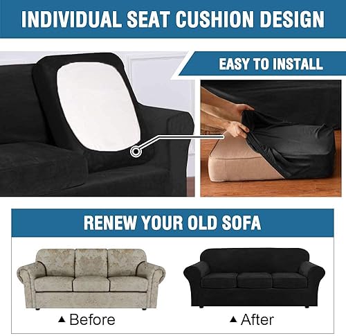 Miniatura 5 de H.VERSAILTEX Paquete de 4 fundas de terciopelo de felpa para sofá, paquete de 3 fundas de terciopelo para sofá biplaza, color negro