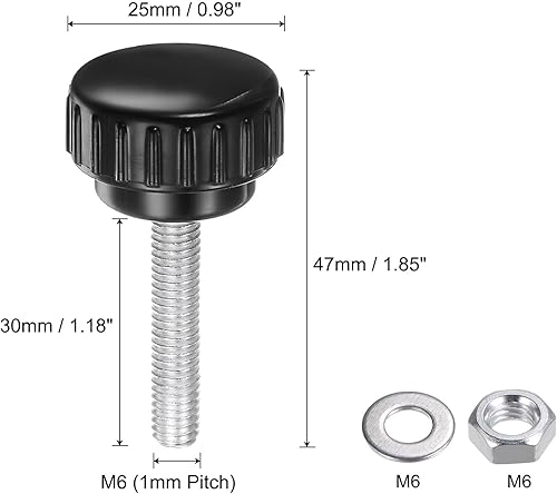 Miniatura 146 de uxcell Juego de 4 perillas moleteadas, tornillos de pulgar con tuercas y arandelas, rosca macho métrica M6 x 1.378 in, cabeza de plástico de 0.984