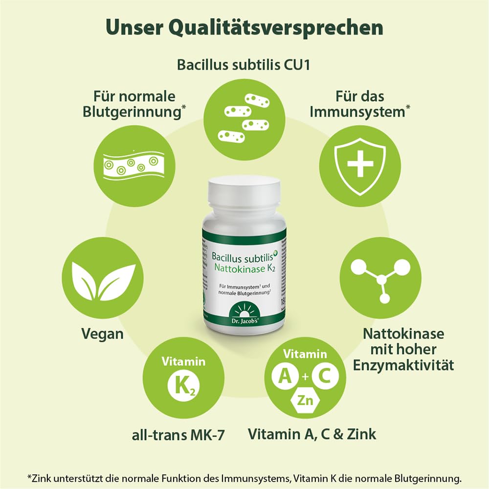 Bacillus subtilis plus I mit Nattokinase-Enzym und Vitamin K2 | Vitamin K₂ (all-trans MK-7), A, C und Zink I Für Immunsystem¹, Blutgefäße² und normale Blutgerinnung³ I 60 Kapseln I vegan
