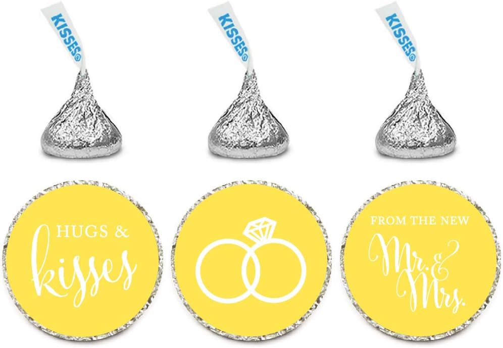 Andaz Press Chocolate Drop Labels Stickers, Wedding Hugs & Kisses from The New Mr. & Mrs, Yellow, 216-Pack, for Bridal Shower Engagement Kisses Party Favors Decor