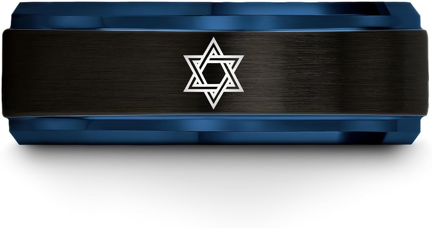 Mezuzah star Of David Ring - Gift for Jewish Family - Flat Dome Bevel - 8mm - Men Women - Yellow Gold Black Silver Blue - Anniversary Wedding - Personalized Custom Engraving - Band - Brushed Polished image 3