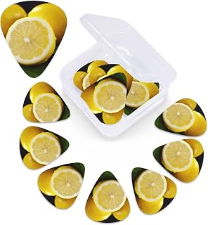 Paquete de 12 púas de guitarra de limón amarillo con caja de almacenamiento organizadora, 3 púas de celuloide de diferentes grosores, púas de guitarra abstracta para guitarra eléctrica acústica